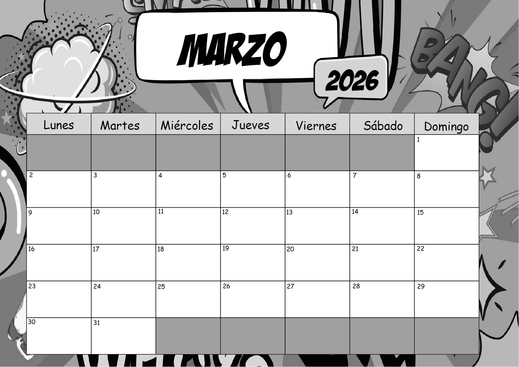 Calendario Marzo 2026 para imprimir