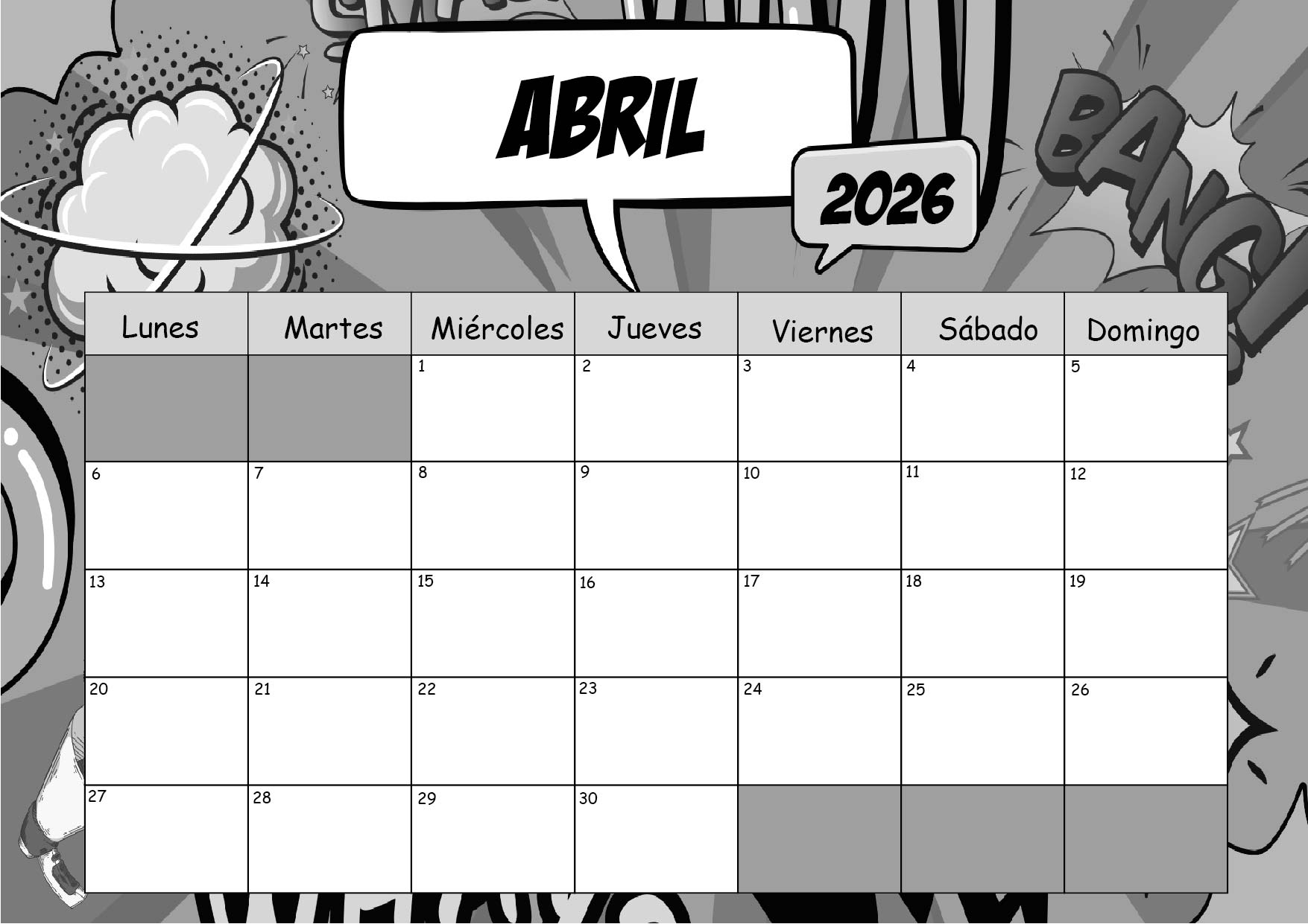 Calendario Abril 2026 para imprimir