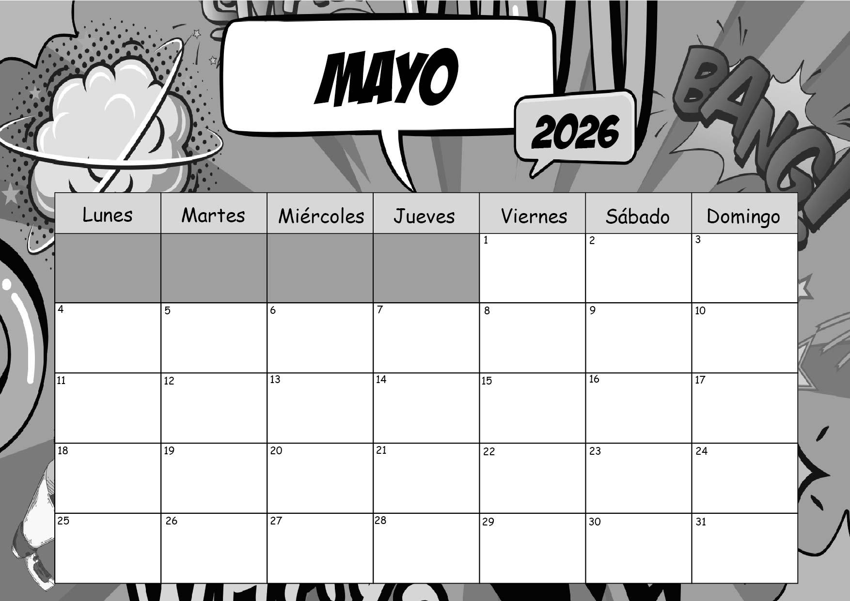 Calendario Mayo 2026 para imprimir