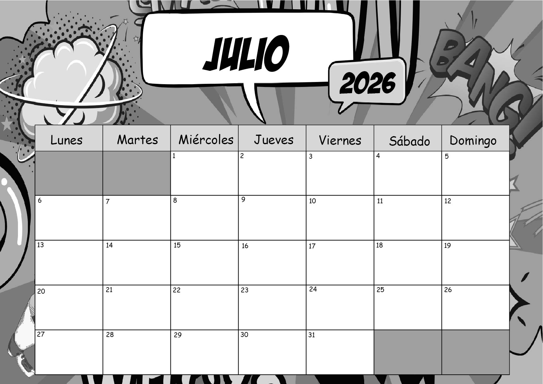 Calendario Julio 2026 para imprimir