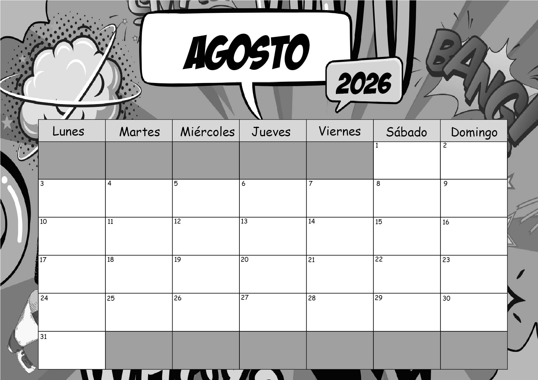 Calendario Agosto 2026 para imprimir