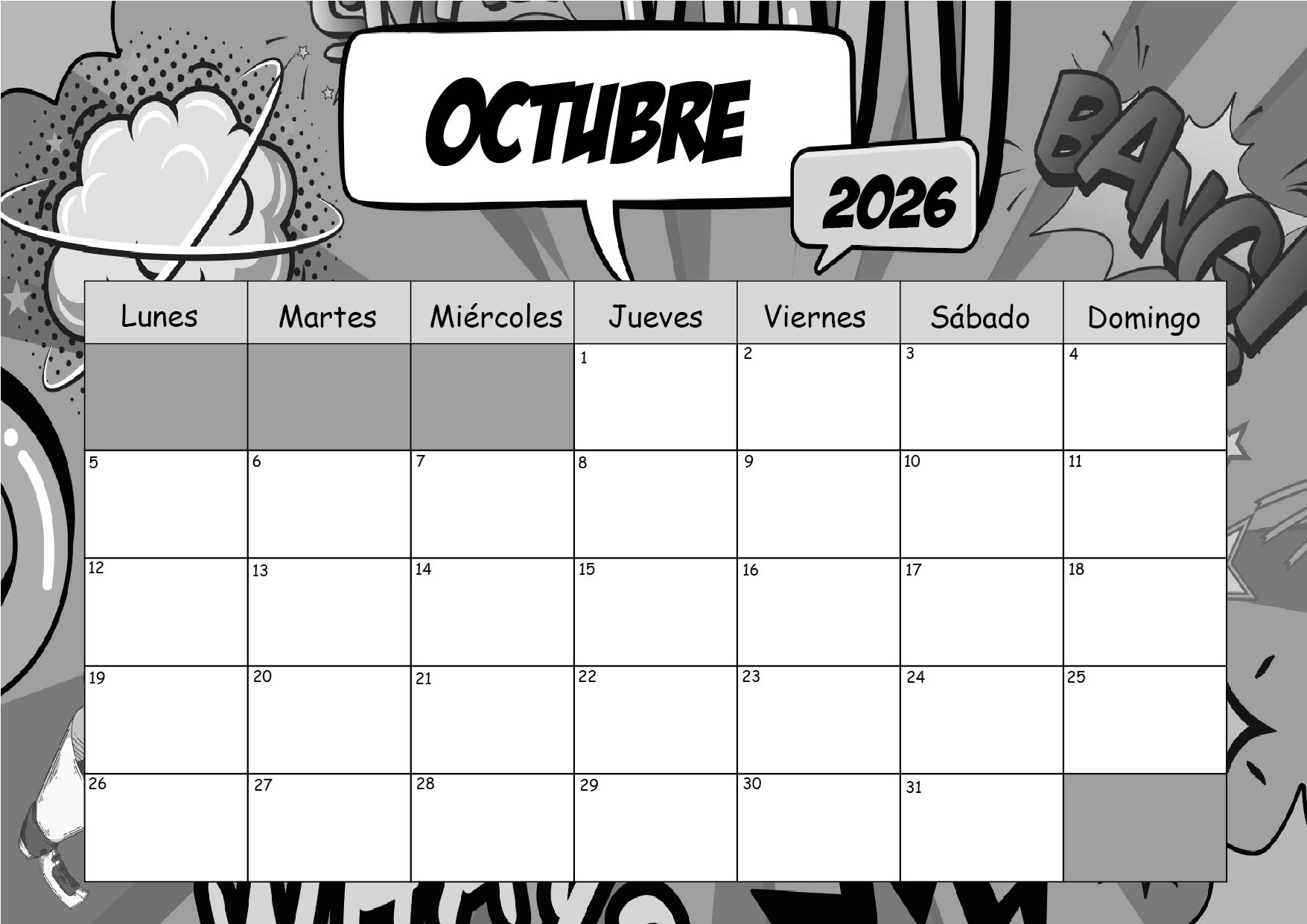 Calendario Octubre 2026 para imprimir