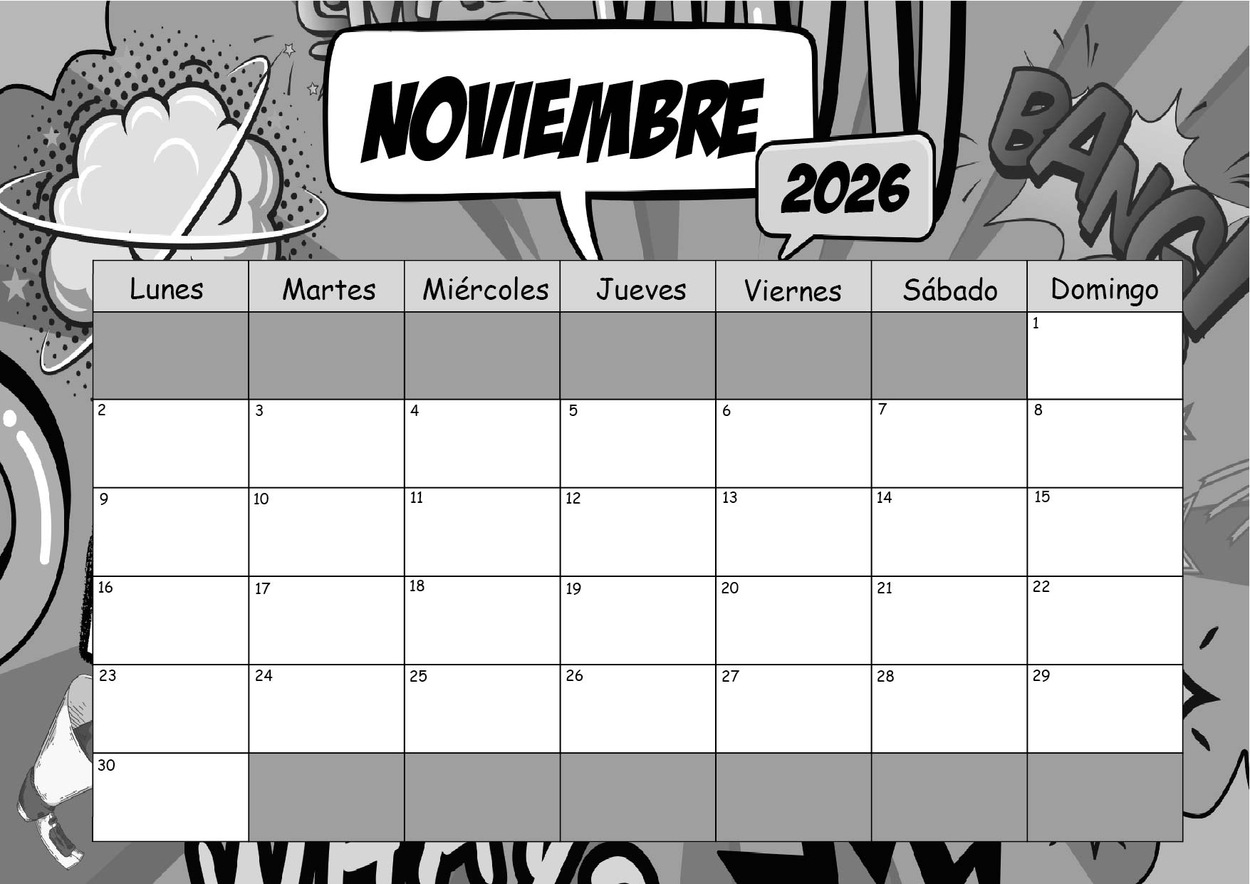 Calendario Noviembre 2026 para imprimir