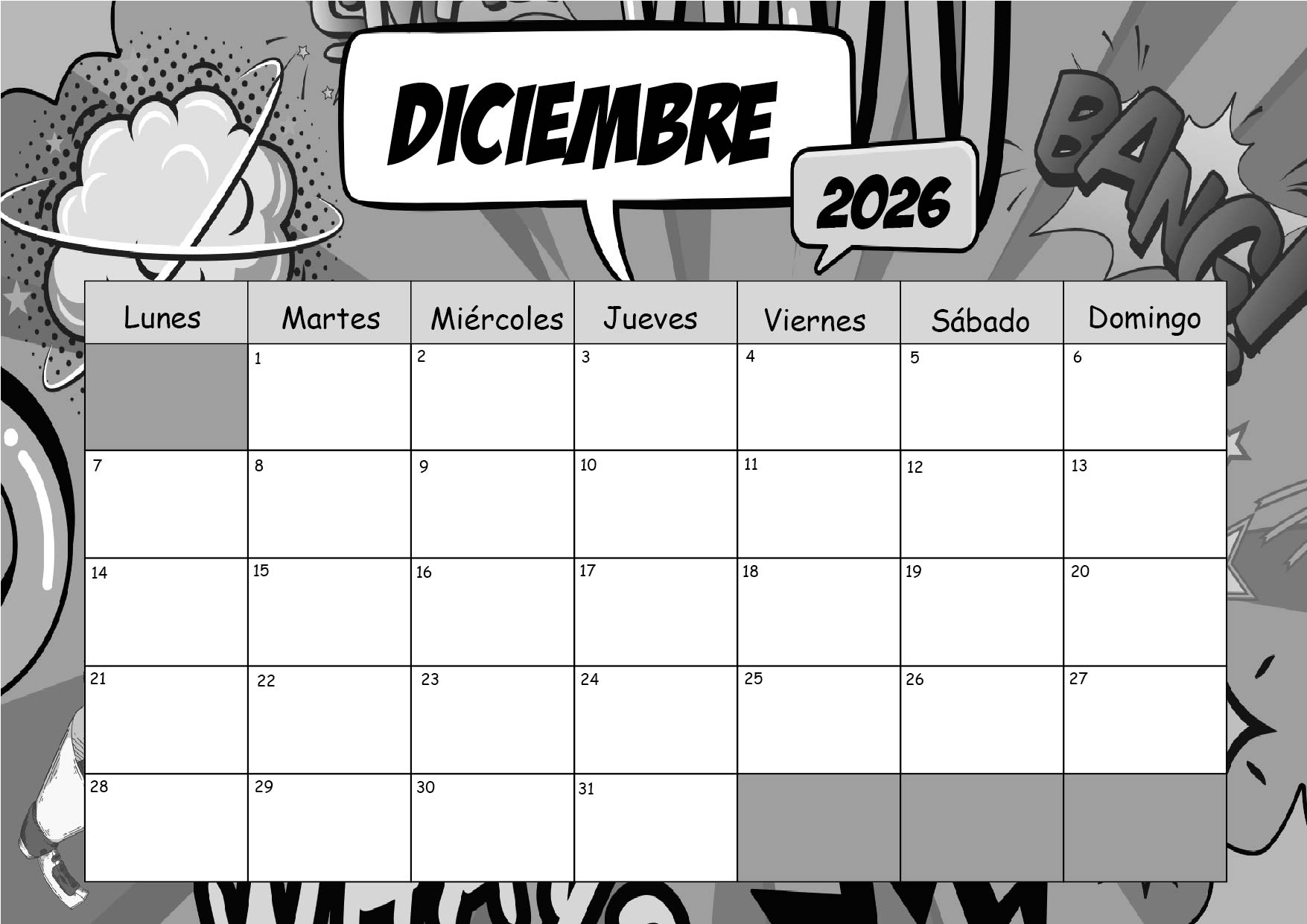 Calendario Diciembre 2026 para imprimir