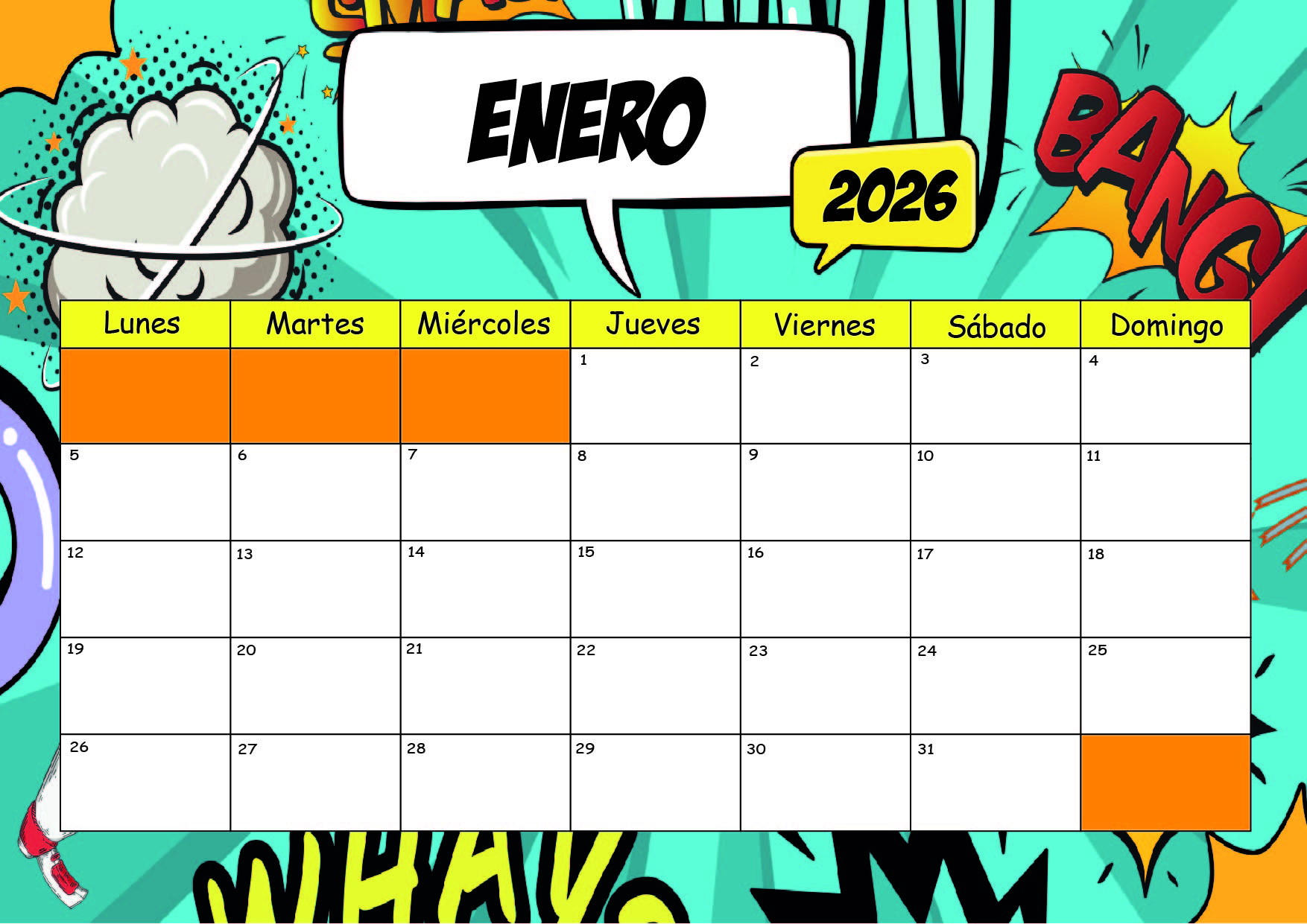 Calendario Enero 2026 para imprimir 