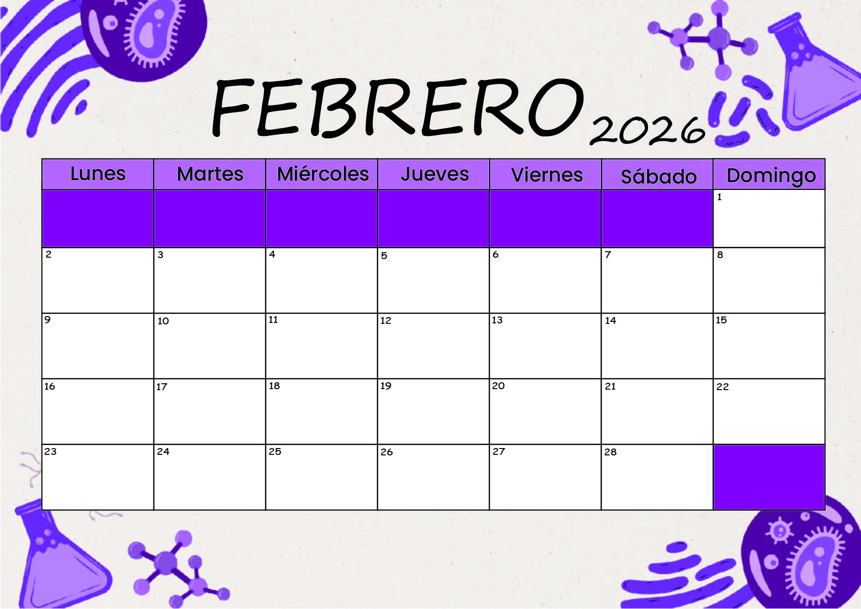 Calendario Febrero 2026 para imprimir