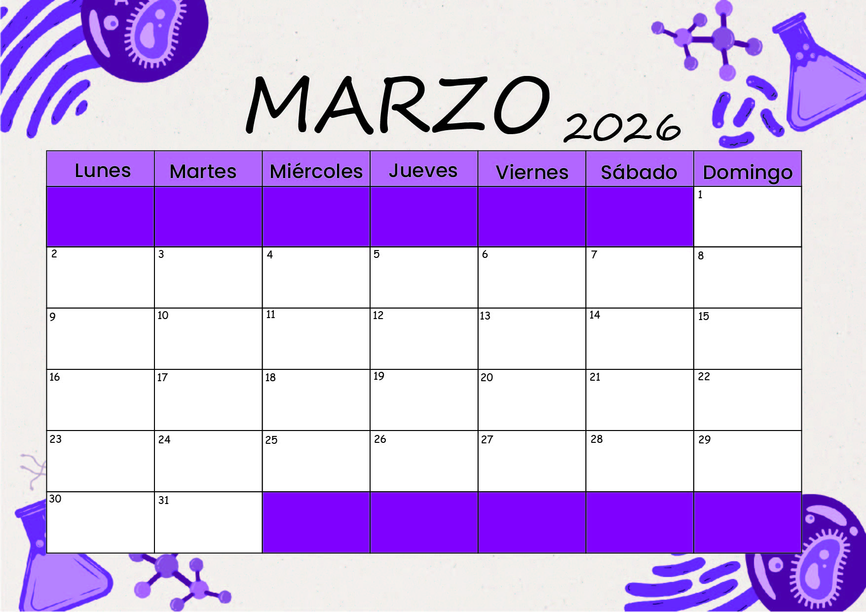 Calendario Marzo 2026 para imprimir