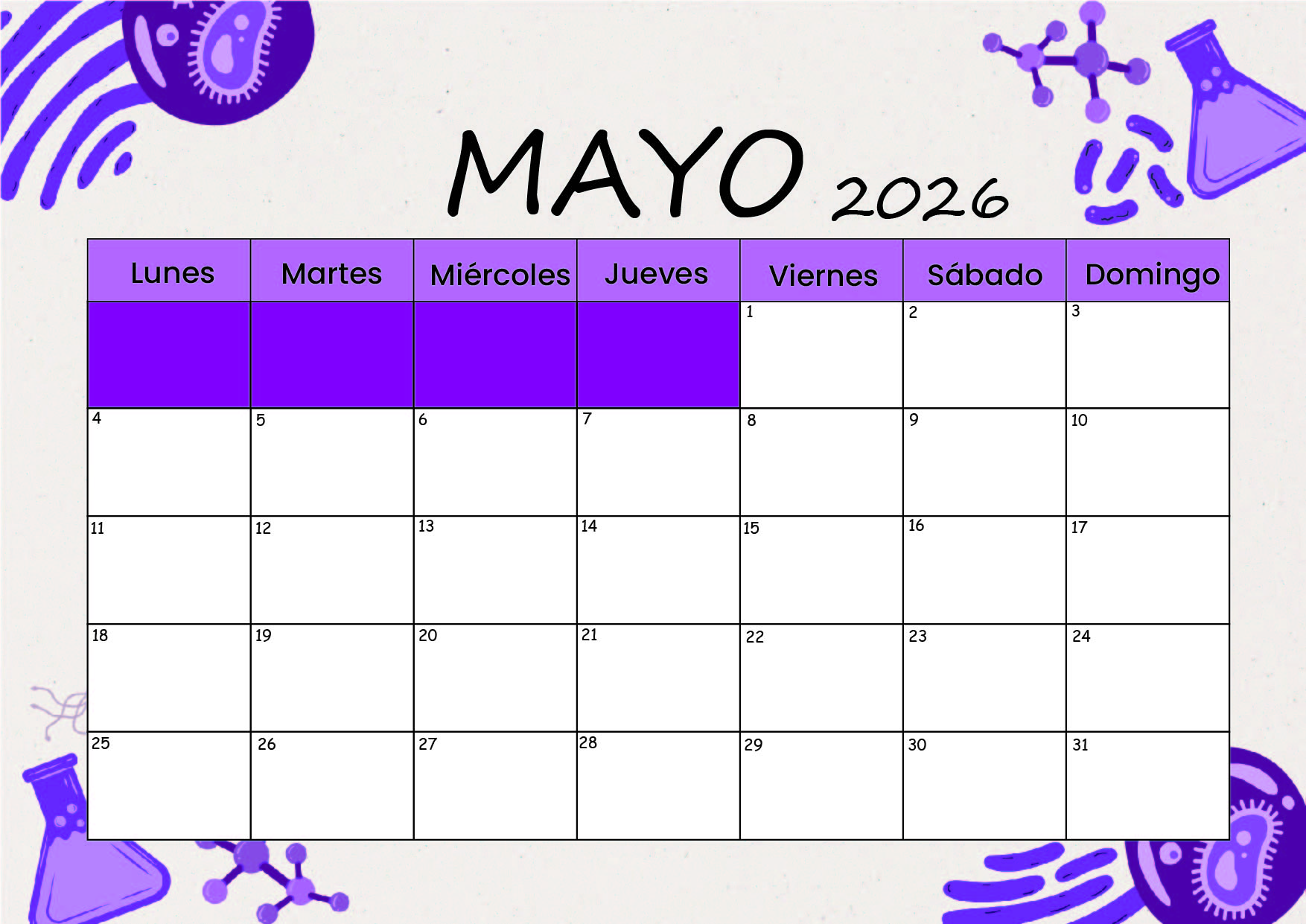 Calendario Mayo 2026 para imprimir