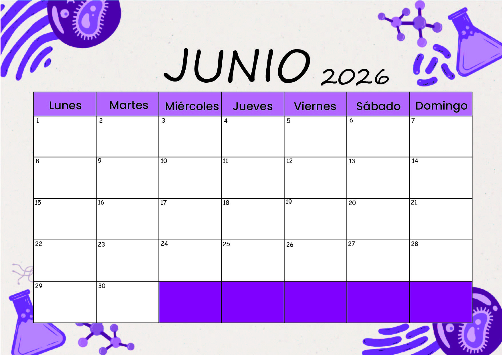 Calendario Junio 2026 para imprimir