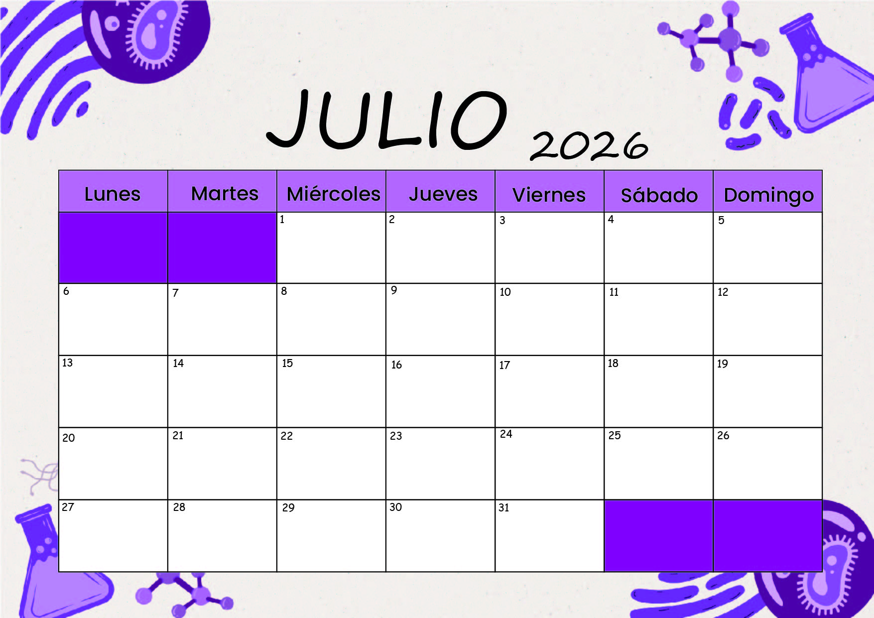 Calendario Julio 2026 para imprimir
