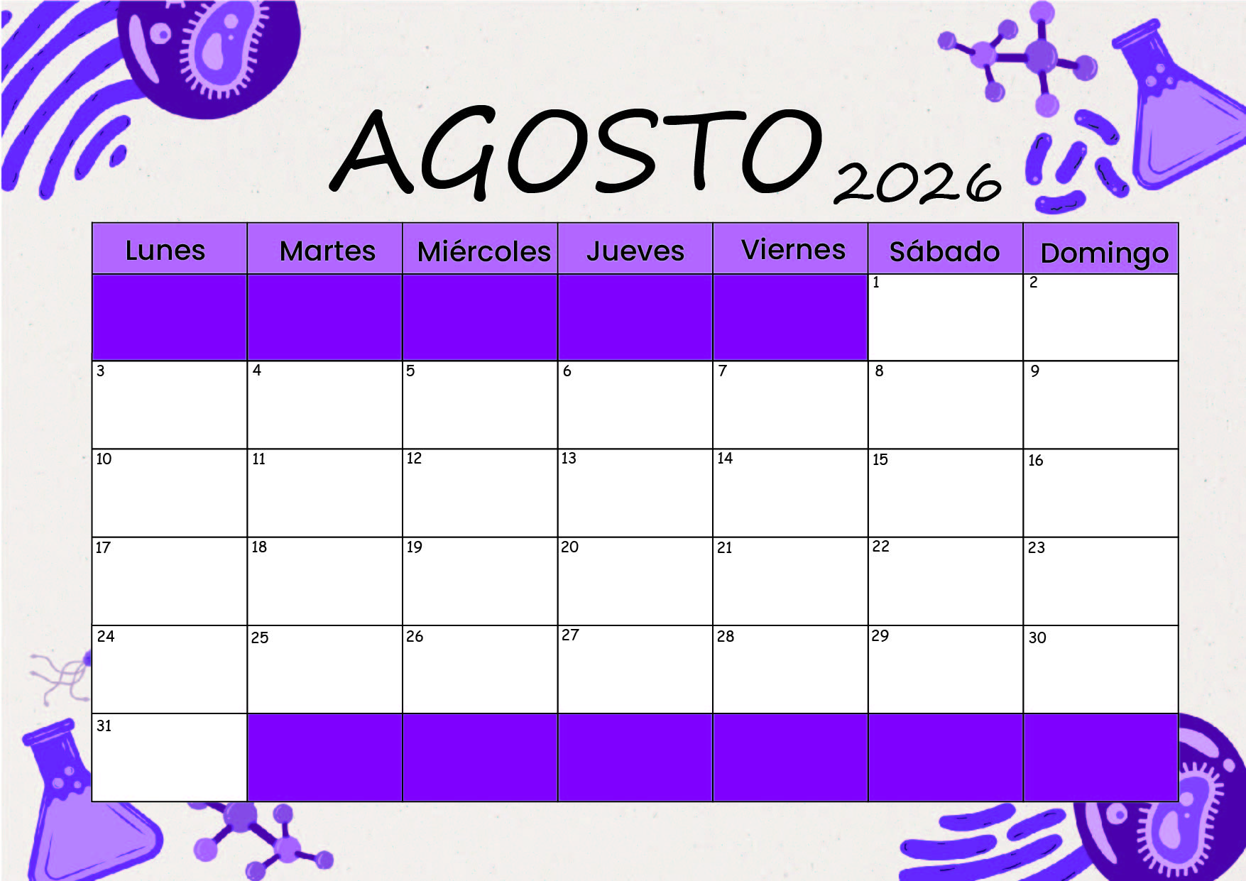 Calendario Agosto 2026 para imprimir