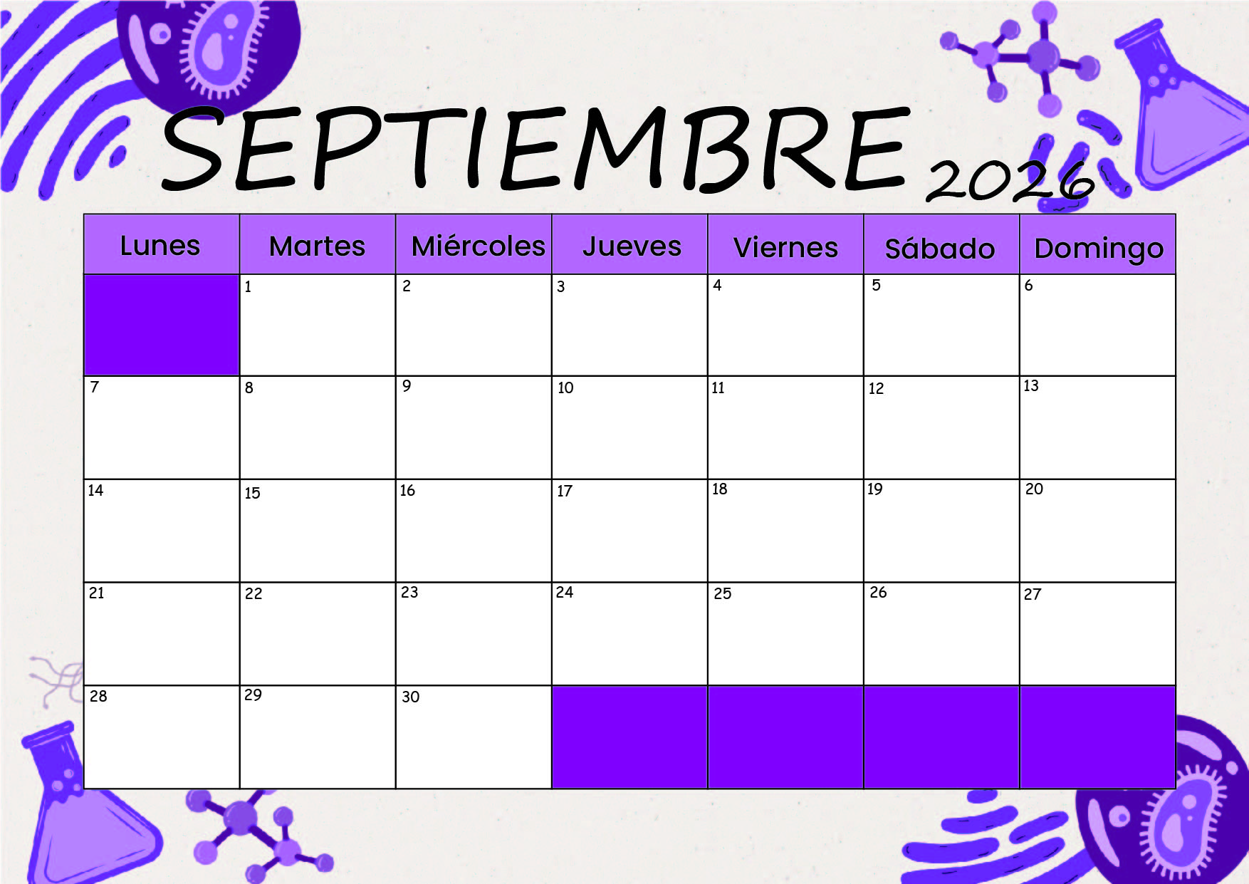 Calendario Septiembre 2026 para imprimir