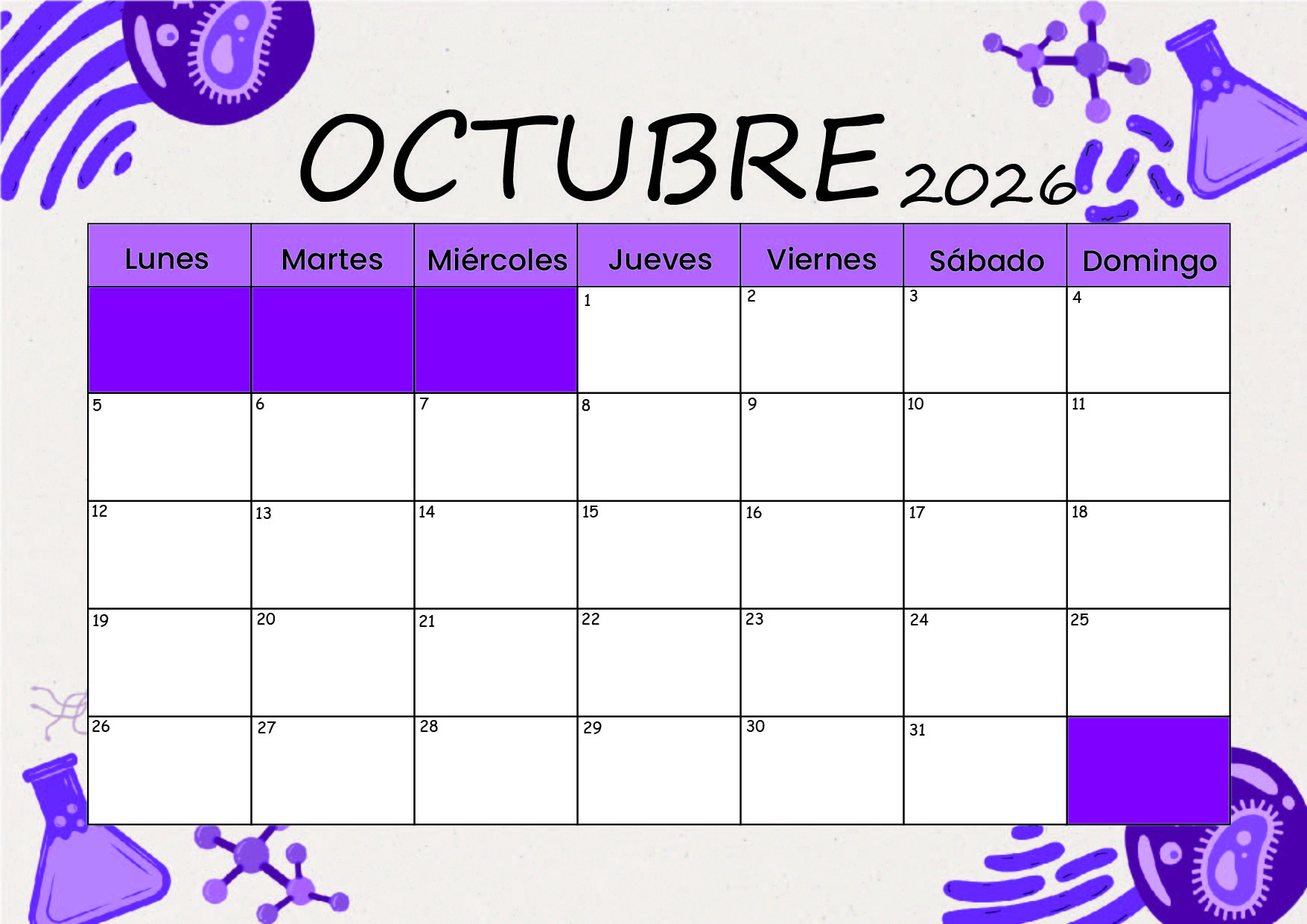 Calendario Octubre 2026 para imprimir