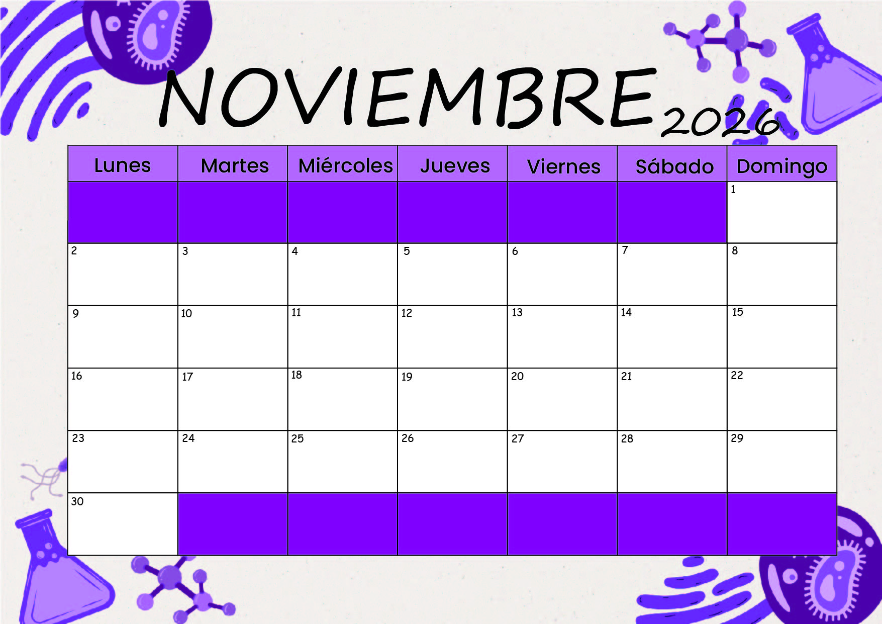 Calendario Noviembre 2026 para imprimir