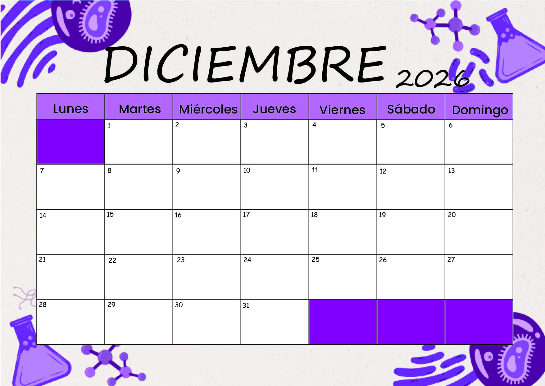 Calendario Diciembre 2026 para imprimir