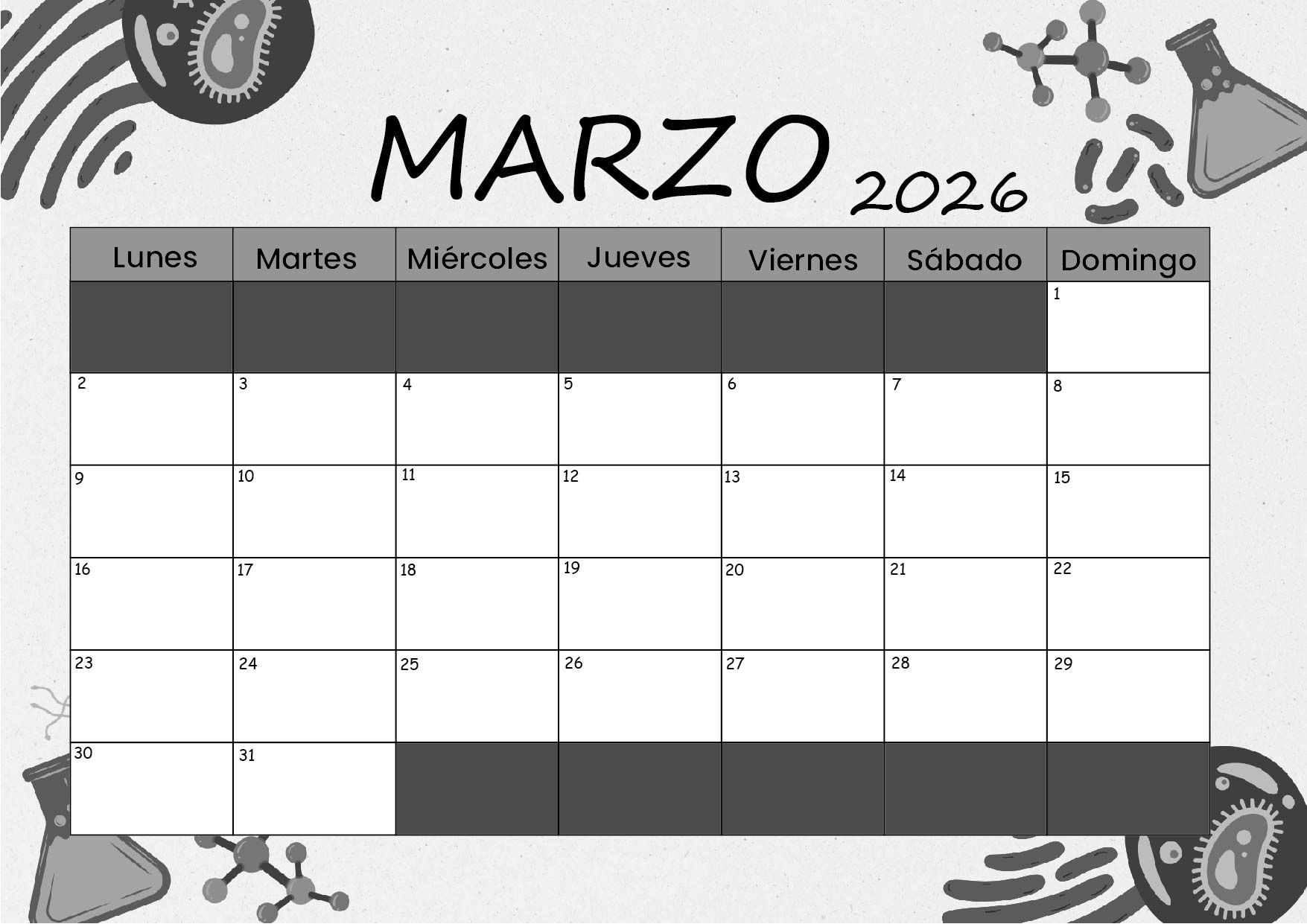 Calendario Marzo 2026 para imprimir