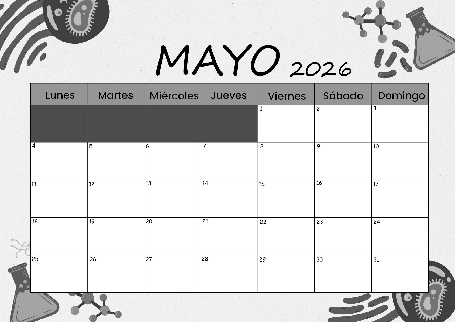 Calendario Mayo 2026 para imprimir