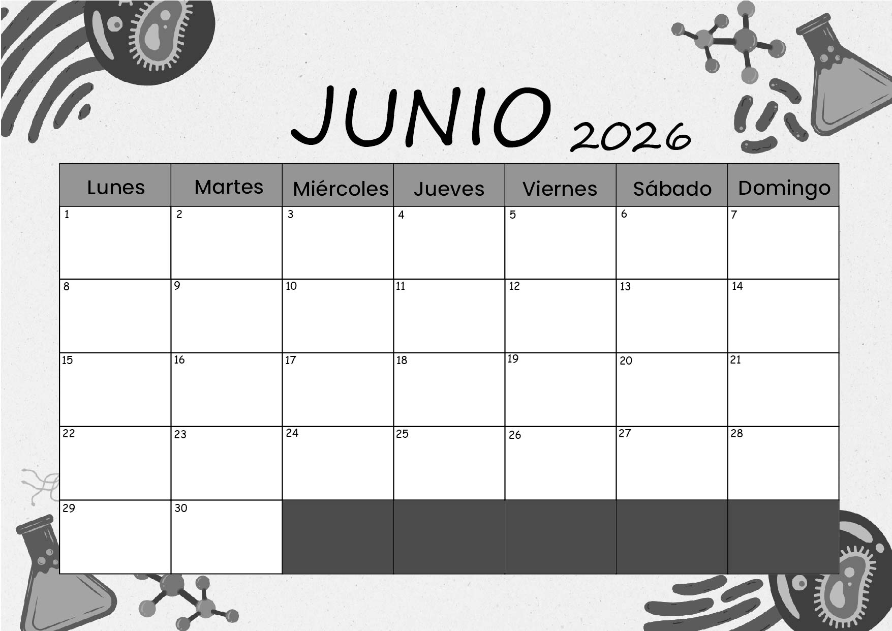 Calendario Junio 2026 para imprimir