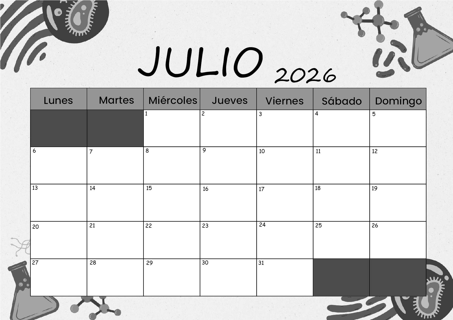 Calendario Julio 2026 para imprimir