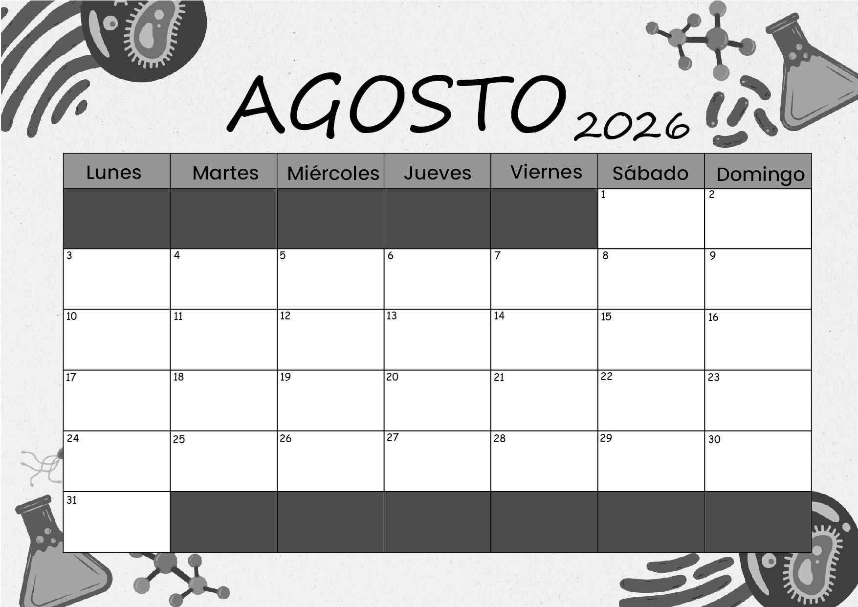 Calendario Agosto 2026 para imprimir