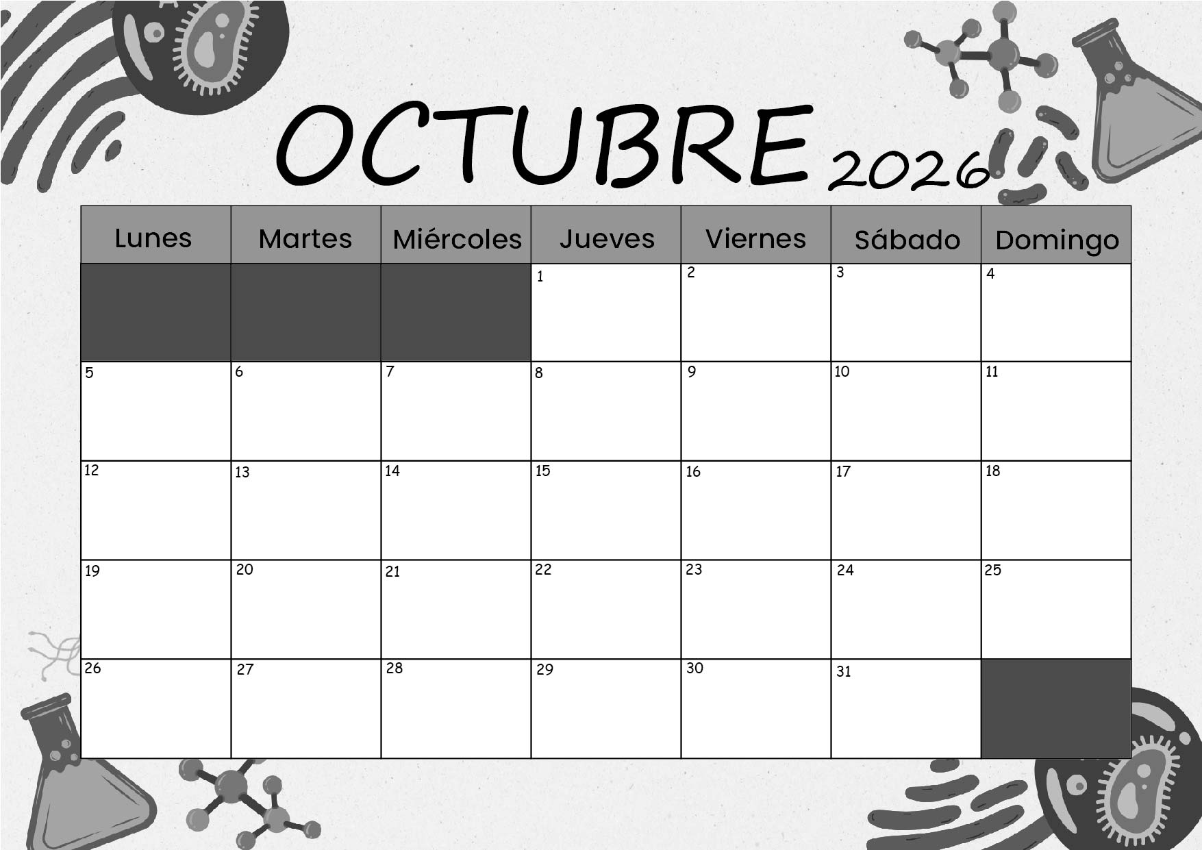 Calendario Octubre 2026 para imprimir