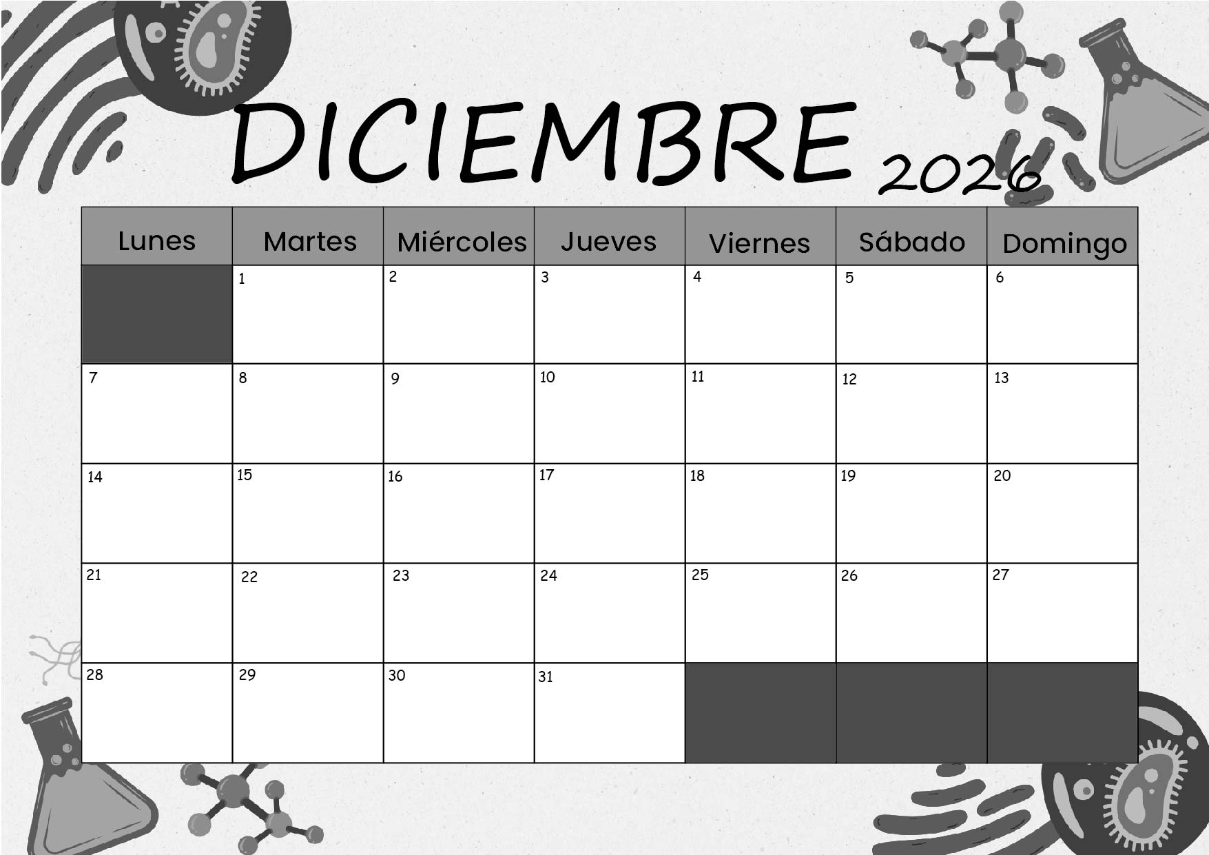 Calendario Diciembre 2026 para imprimir