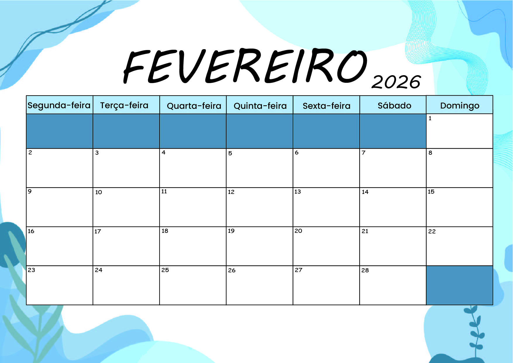 Calendário Fevereiro 2026 para imprimir