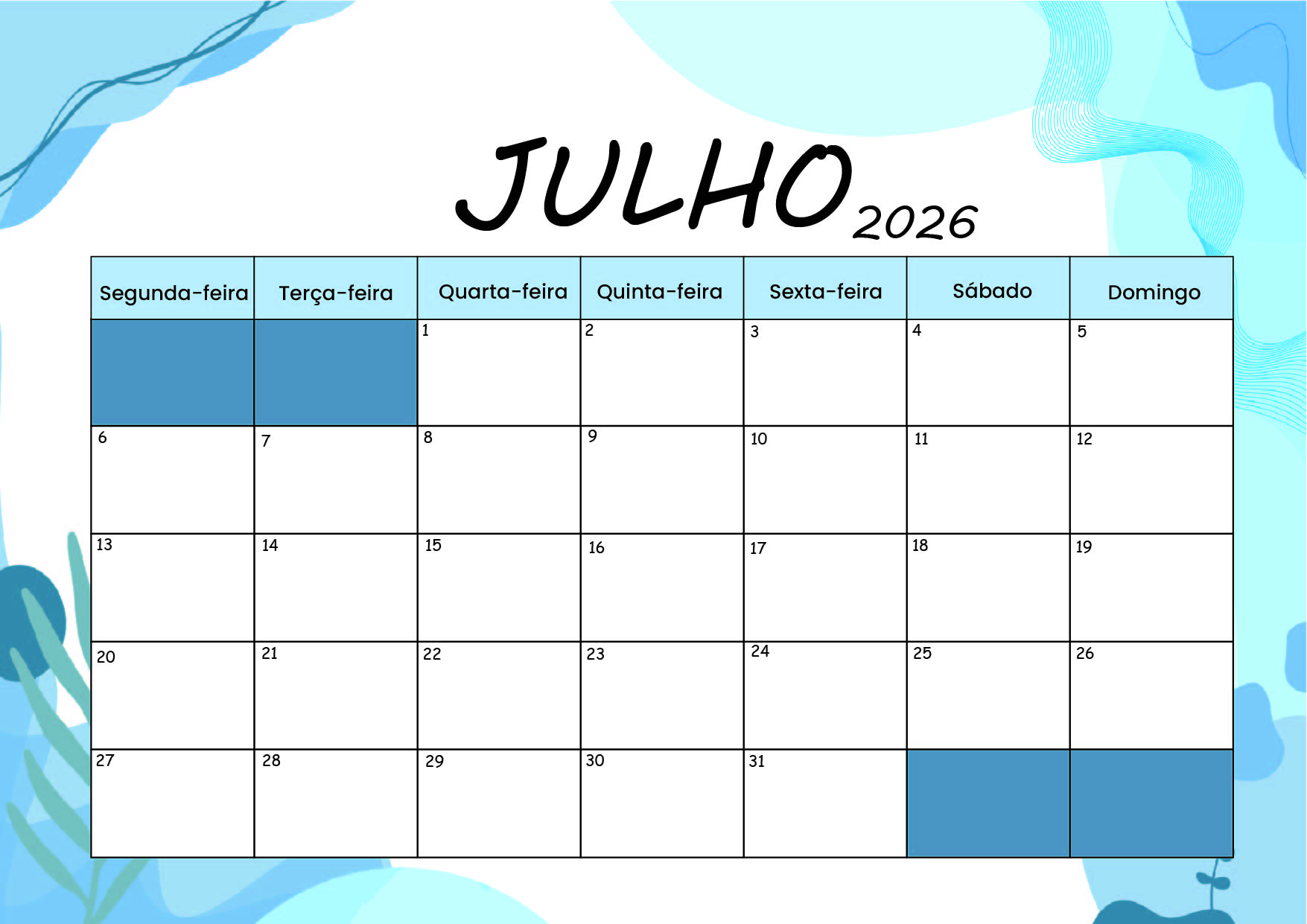 Calendário Julho 2026 para imprimir