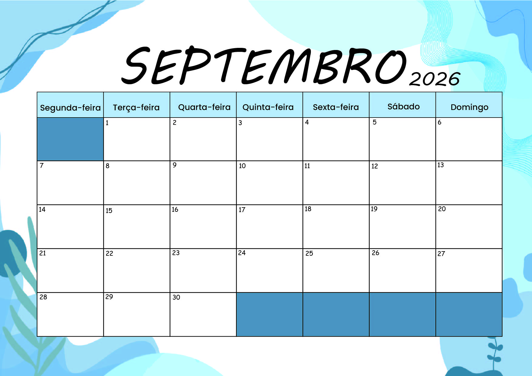Calendário Setembro 2026 para imprimir