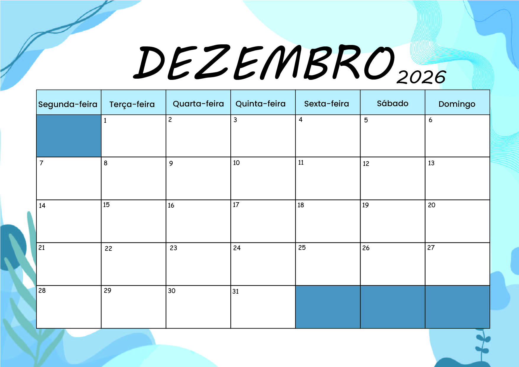 Calendário Dezembro 2026 para imprimir