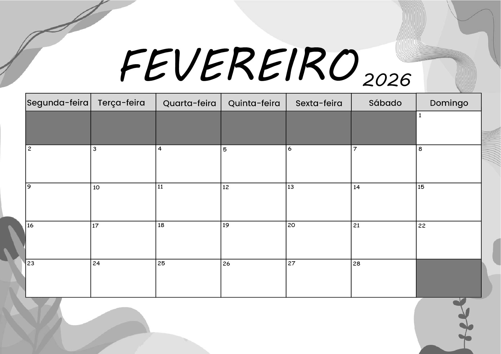 Calendário Fevereiro 2026 para imprimir