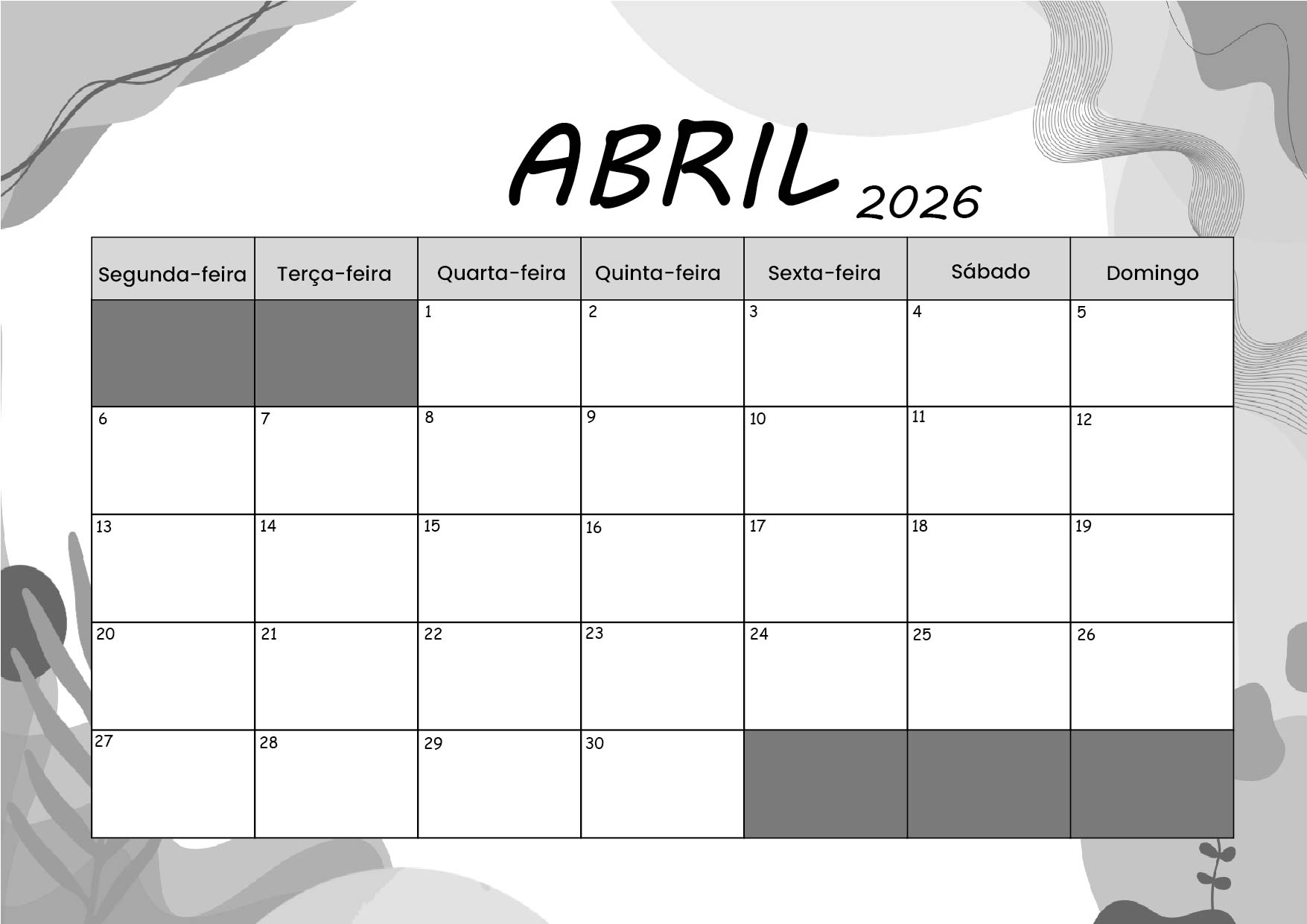 Calendário de Abril de 2026 para imprimir em PDF
