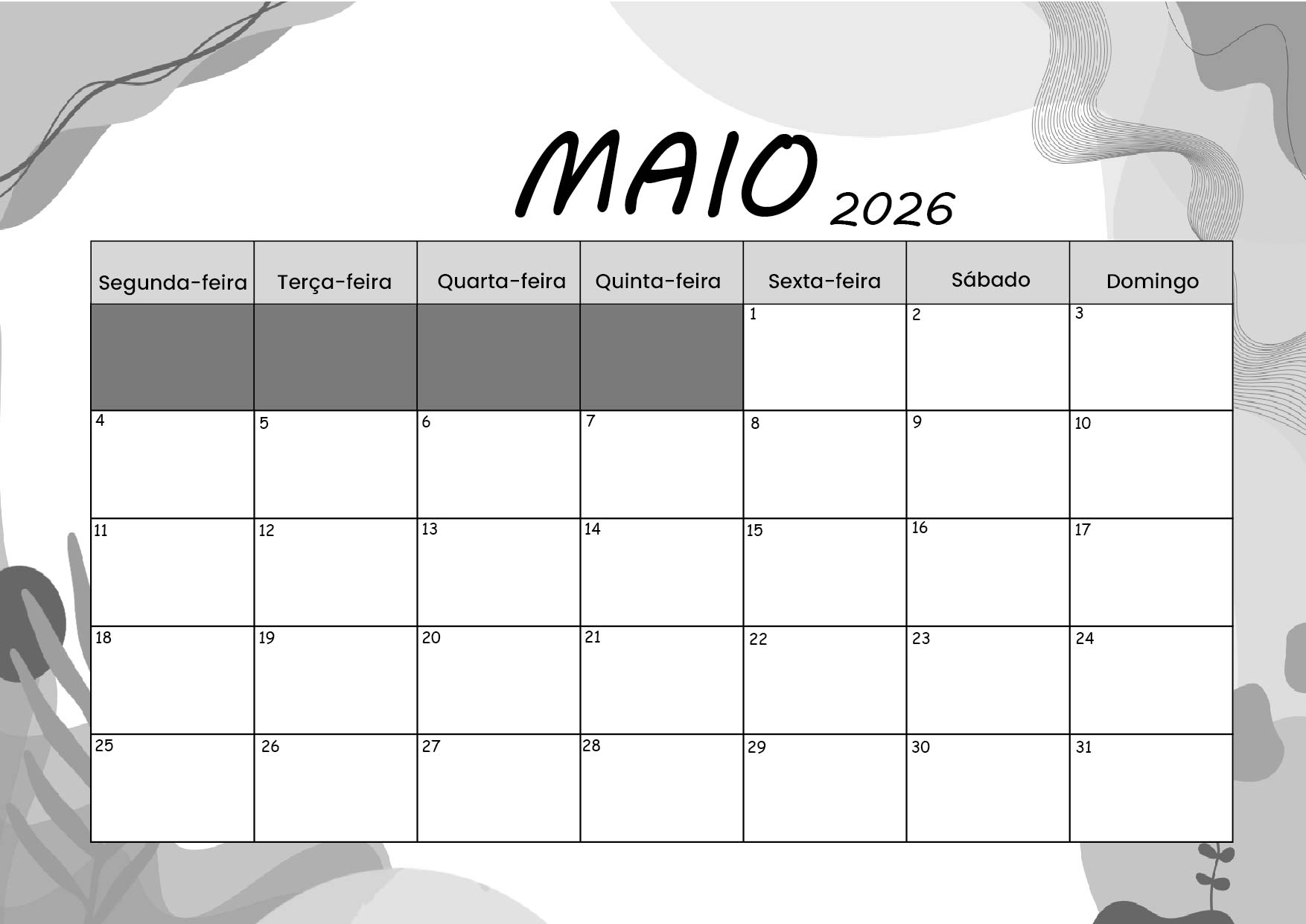 Calendário Maio 2026 para imprimir