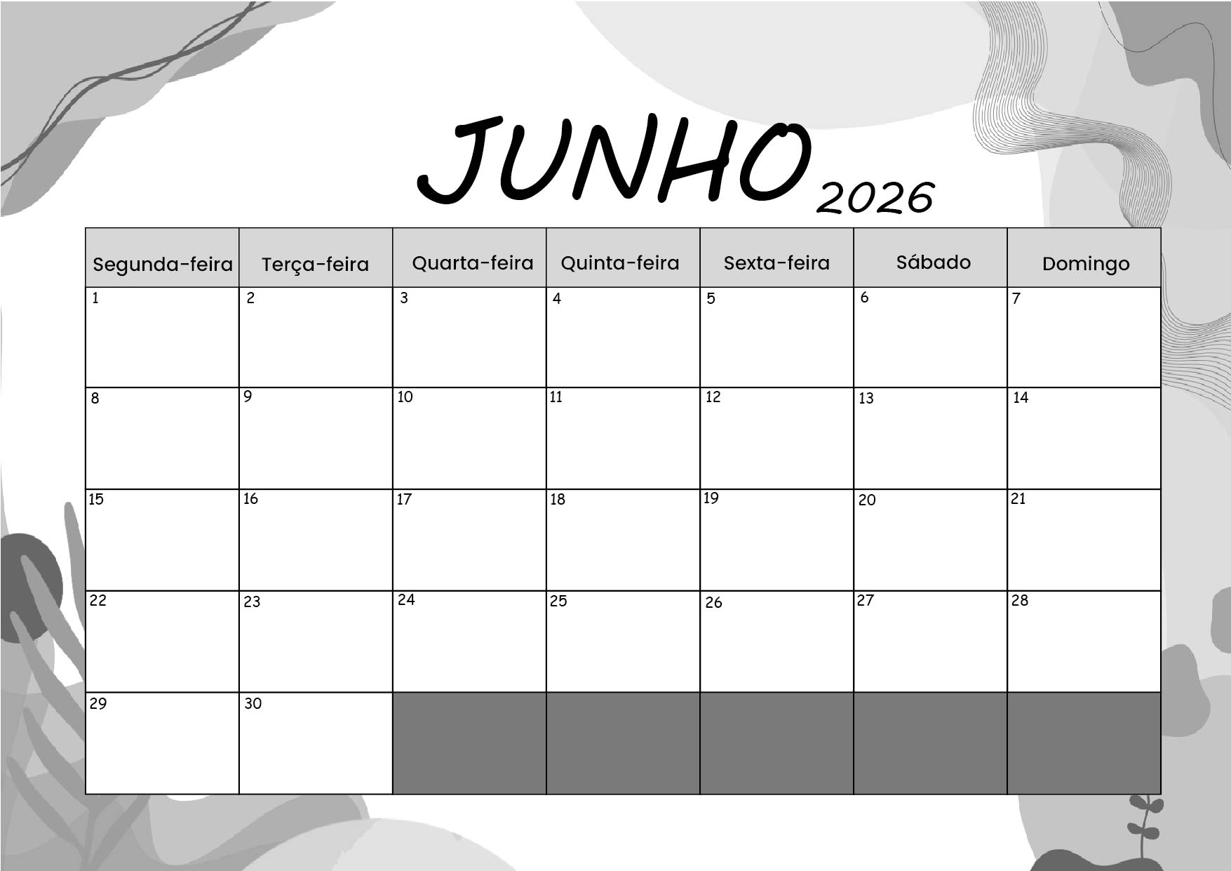 Calendário Junho 2026 para imprimir