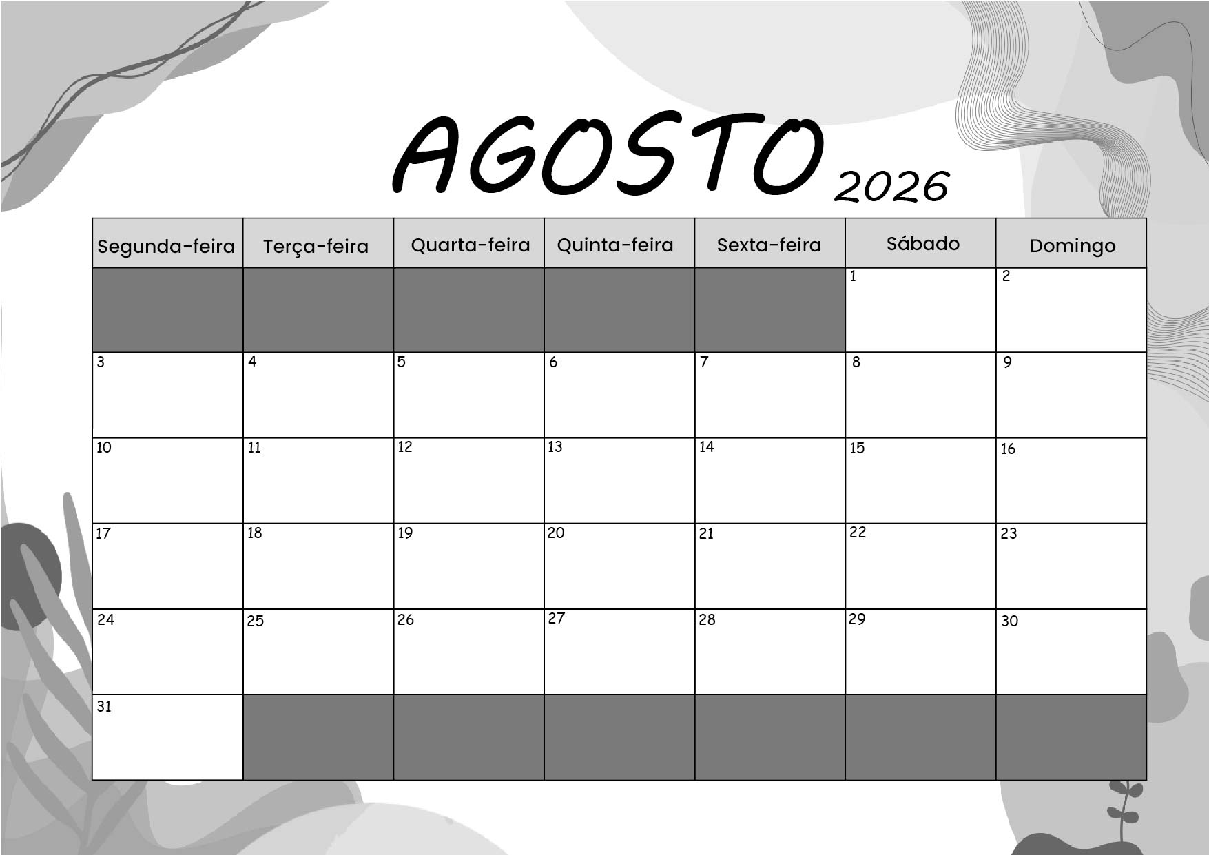 Calendário Agosto 2026 para imprimir