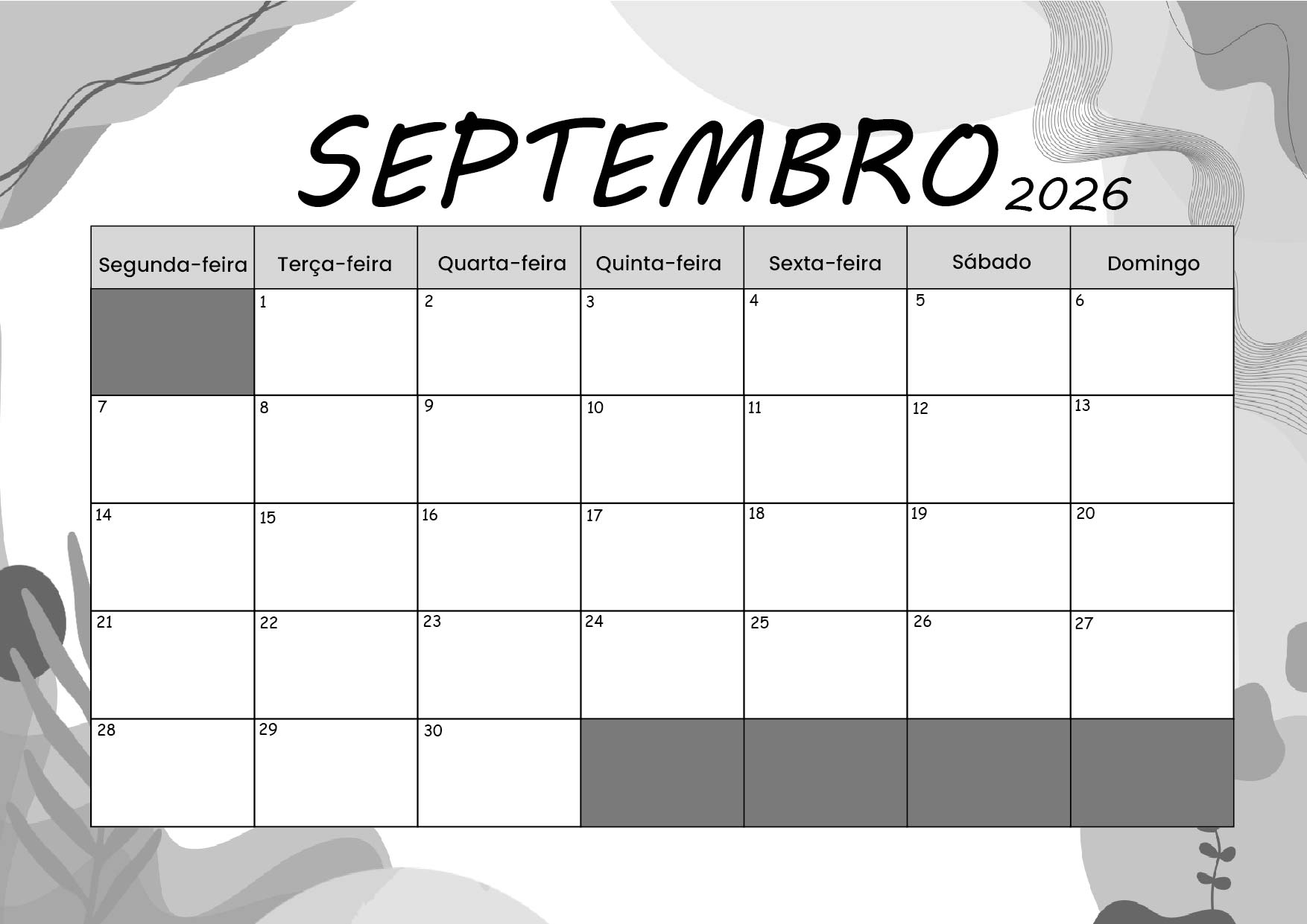 Calendário Setembro 2026 para imprimir