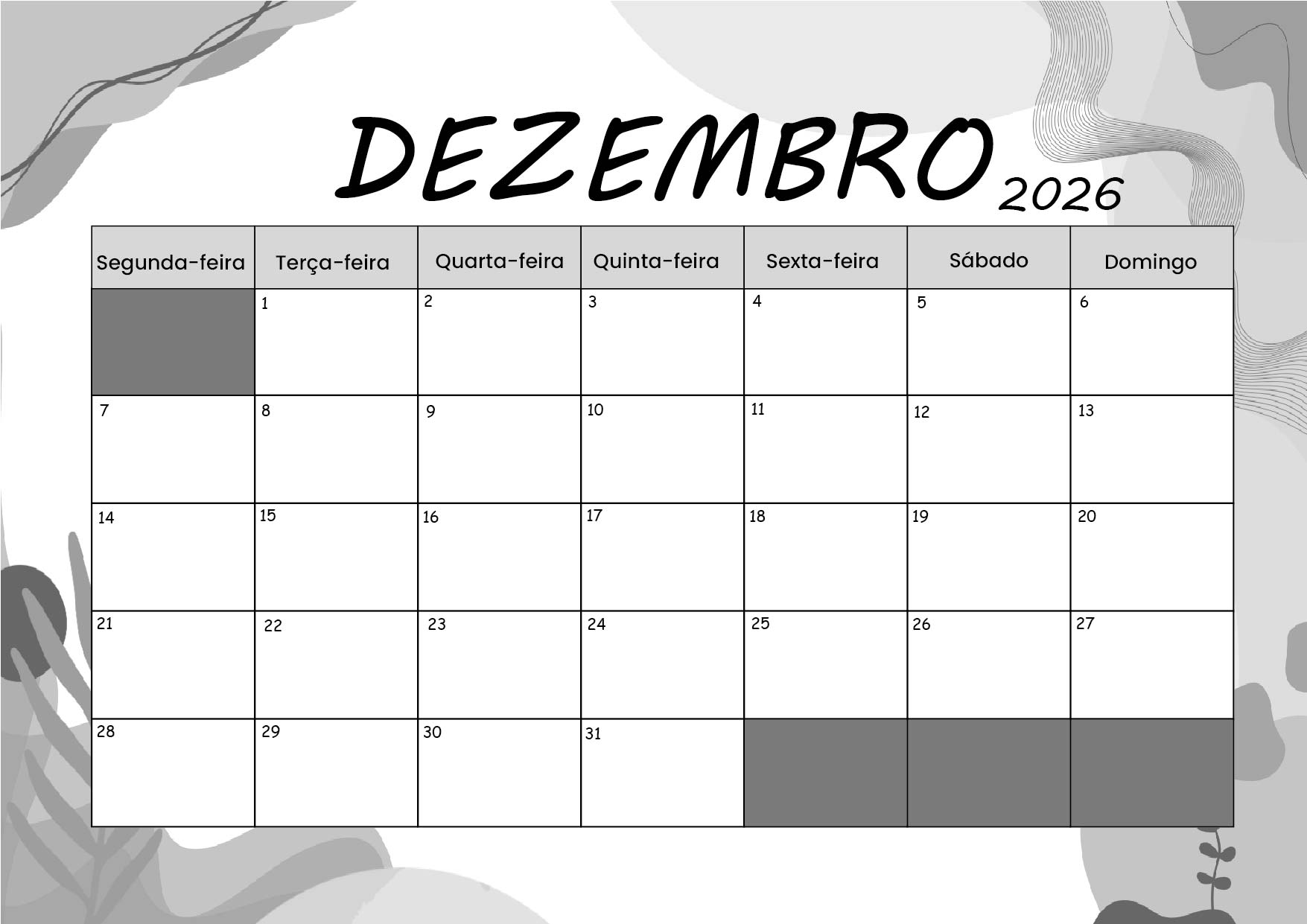 Calendário Dezembro 2026 para imprimir