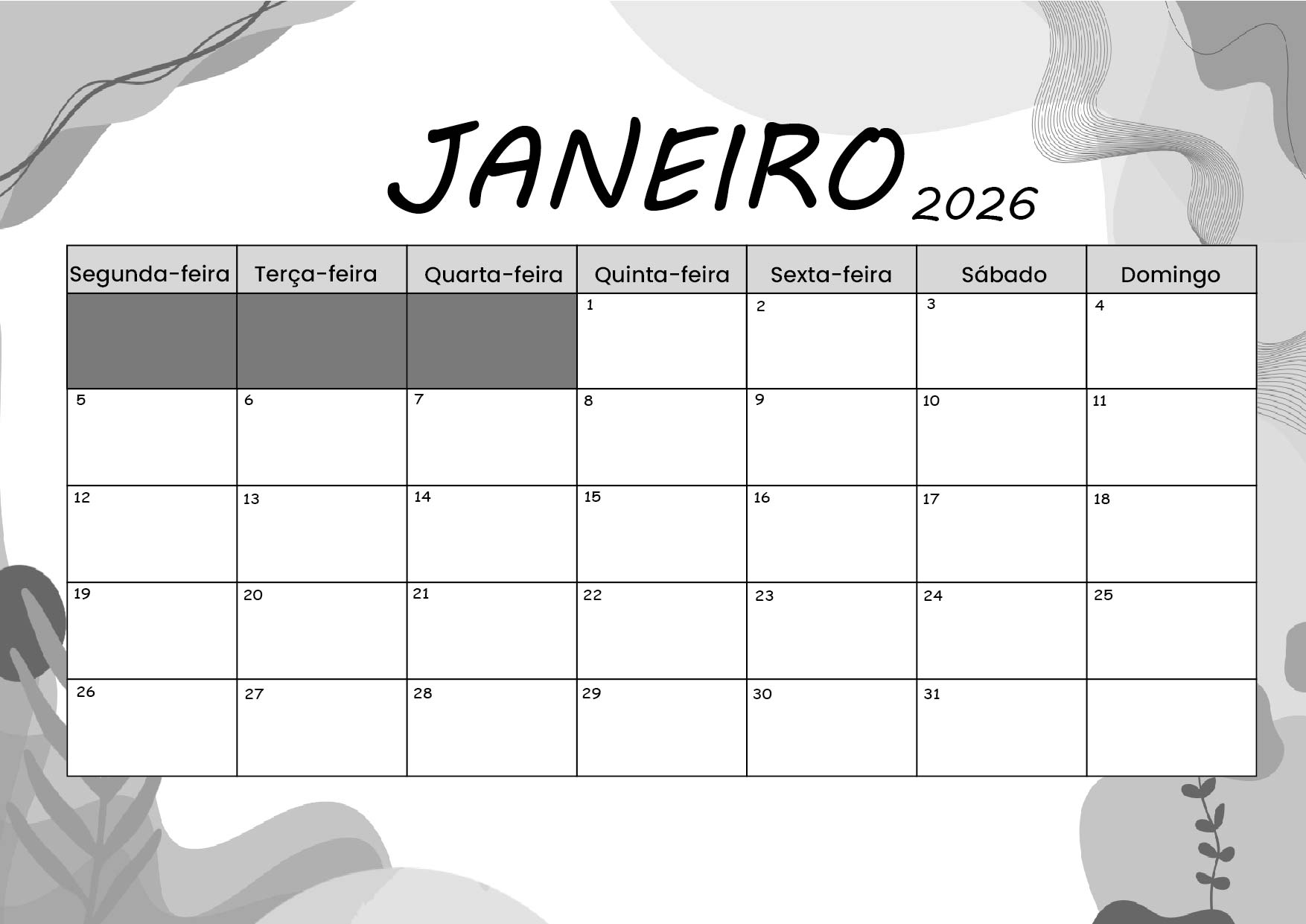 Calendário Janeiro 2026 para imprimir