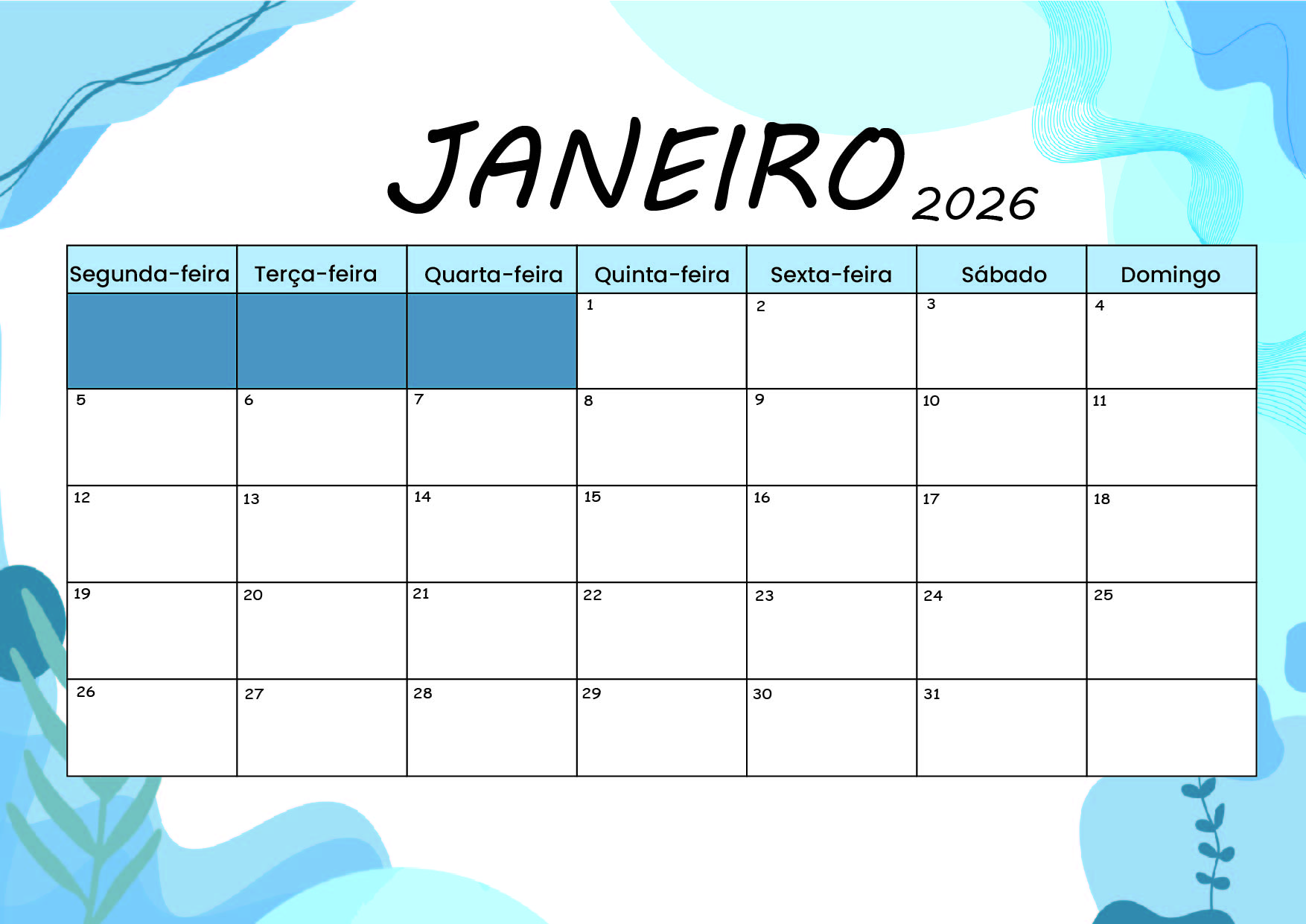 Calendário Janeiro 2026 para imprimir