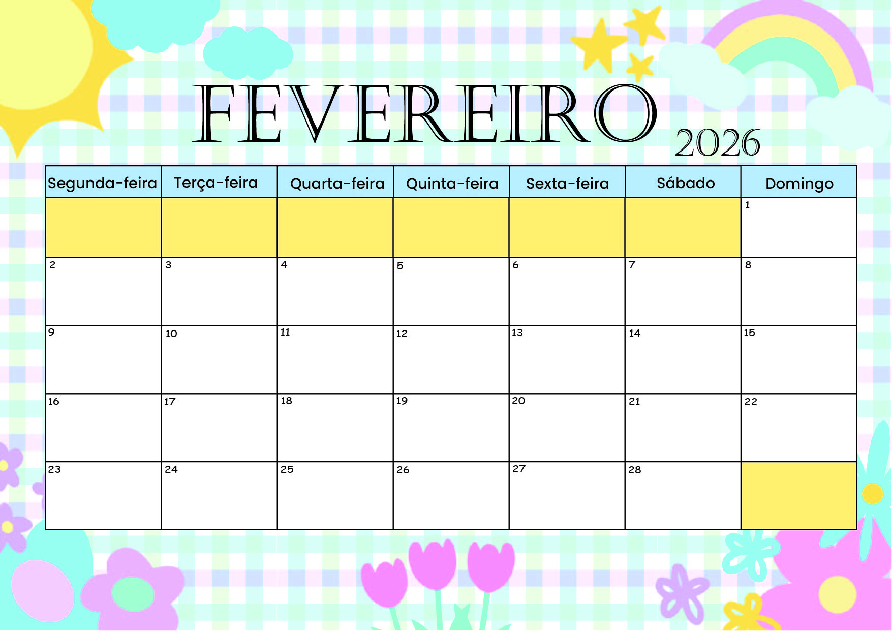 Calendário Fevereiro 2026 para imprimir