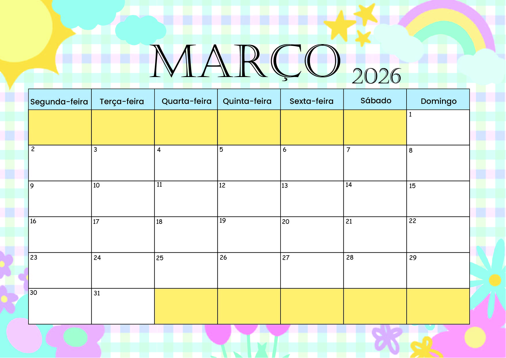 Calendário de Março de 2026 para imprimir em PDF