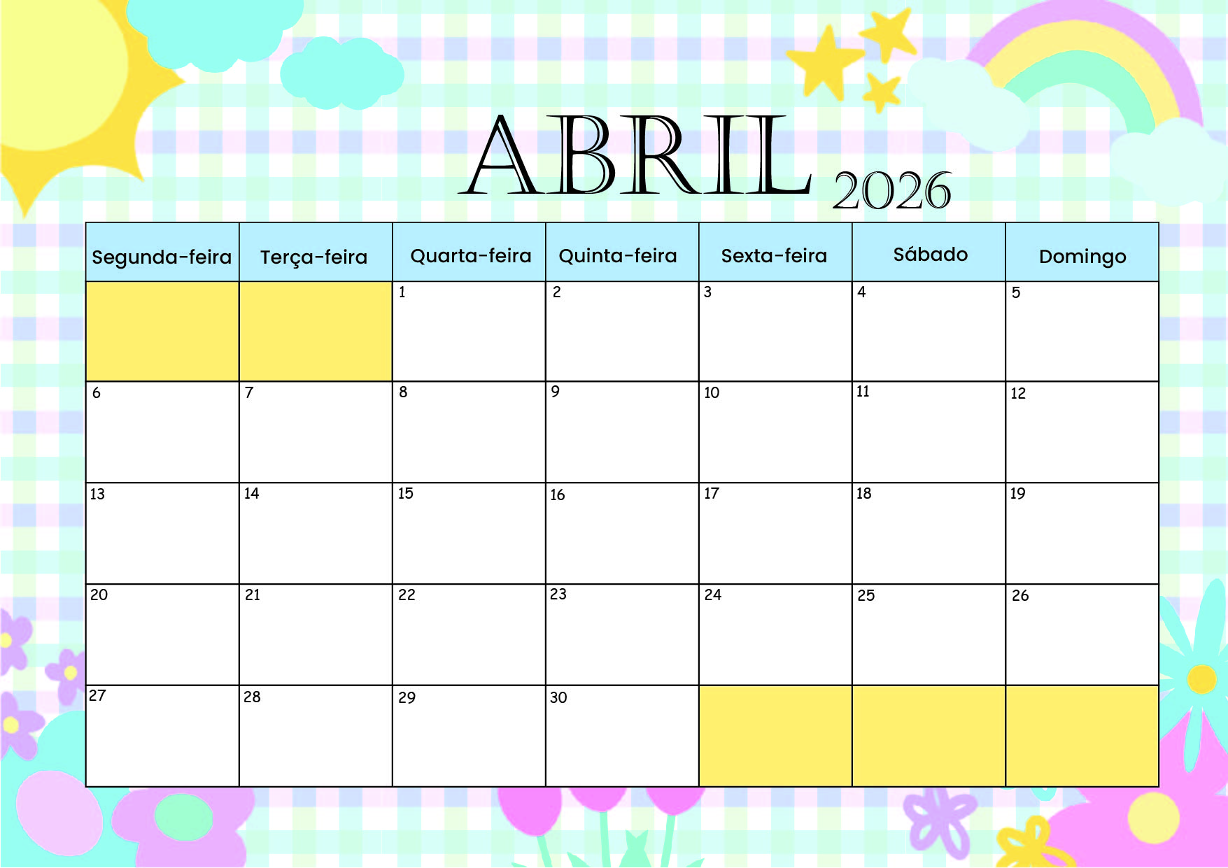Calendário de Abril de 2026 para imprimir em PDF
