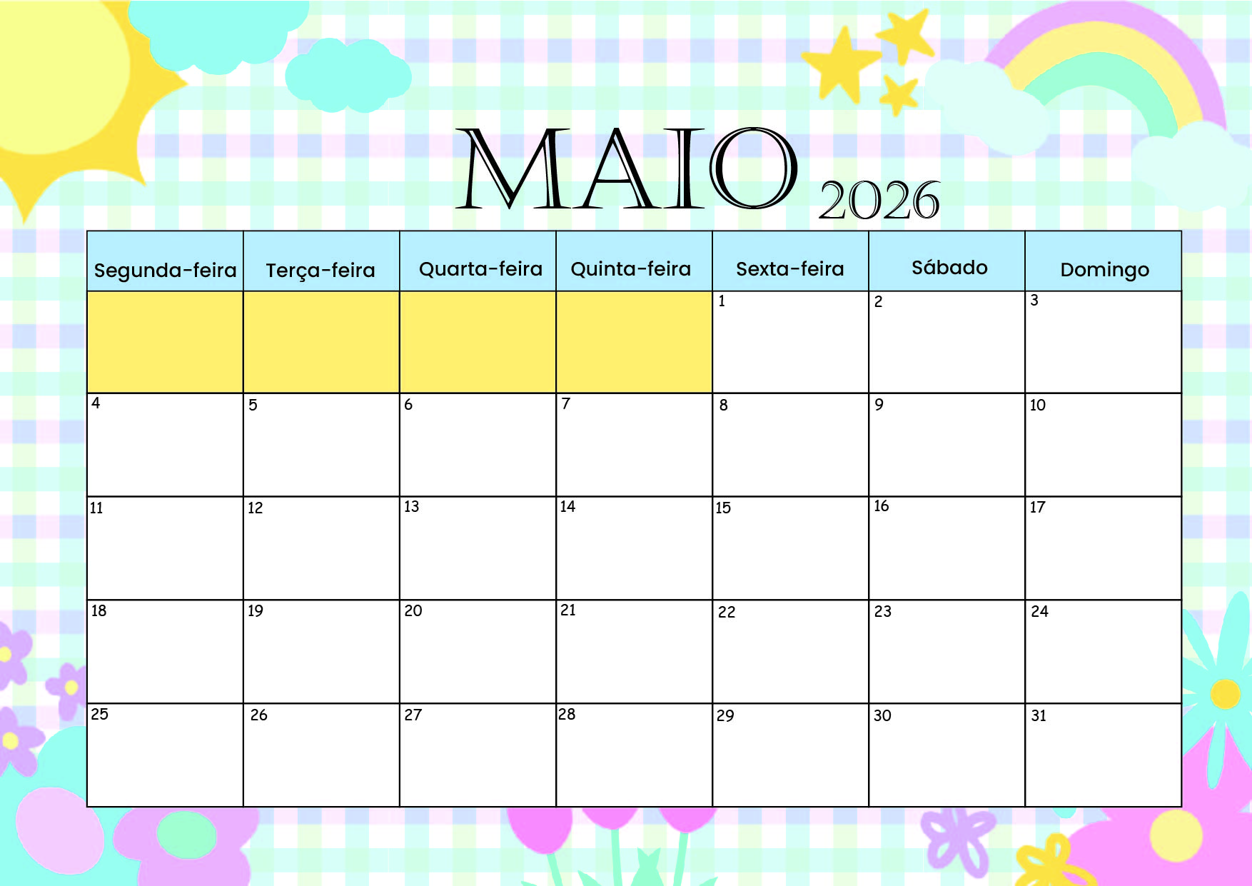 Calendário Maio 2026 para imprimir