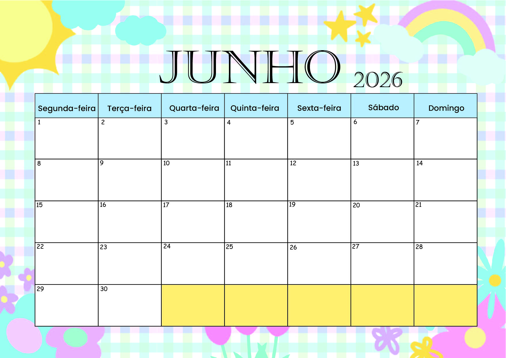 Calendário Junho 2026 para imprimir