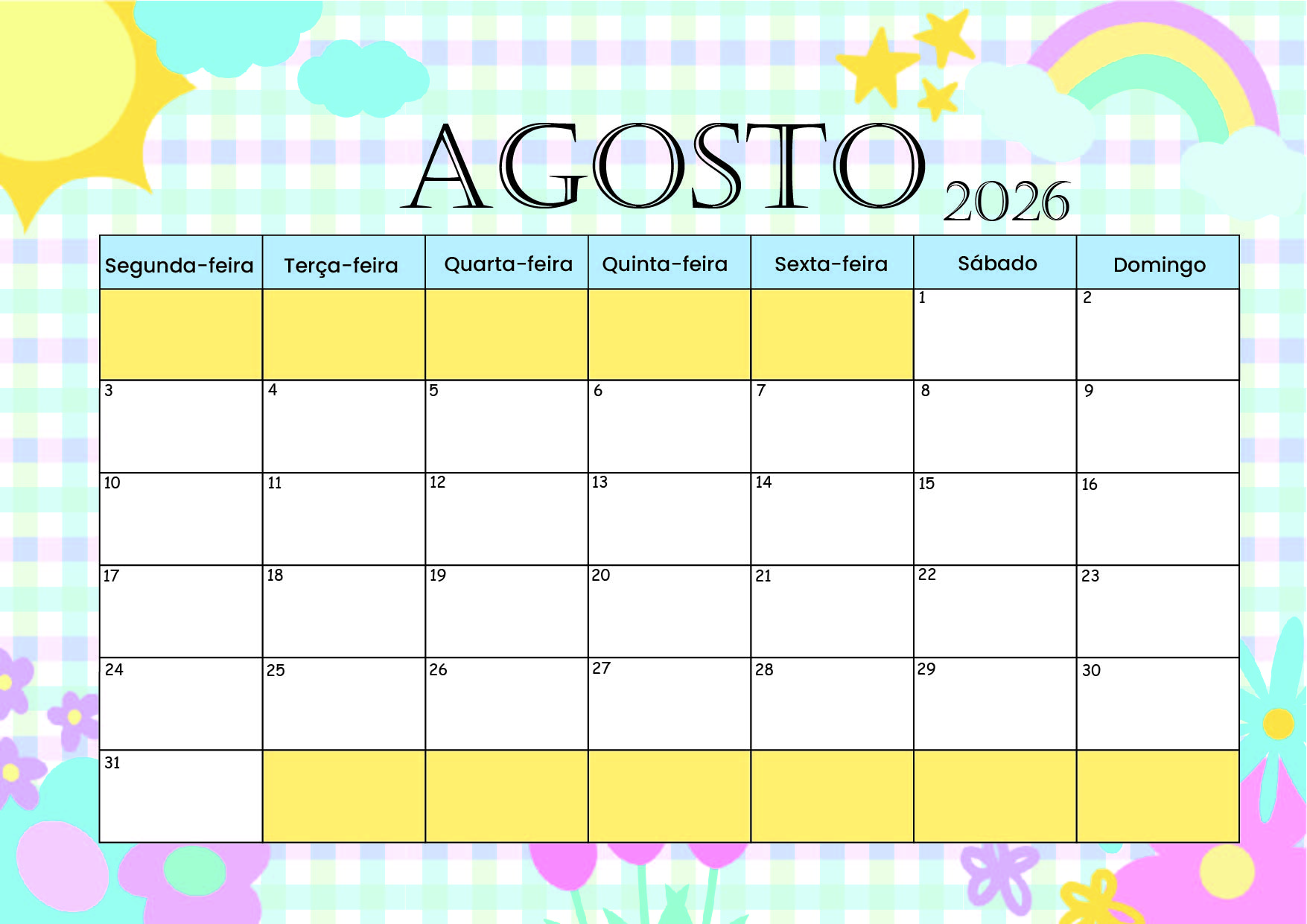 Calendário Agosto 2026 para imprimir