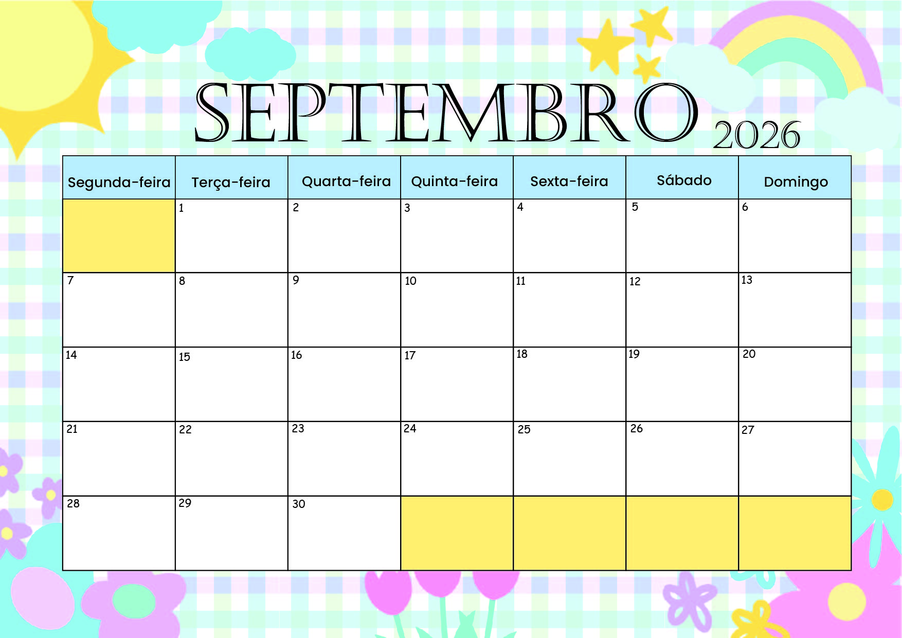 Calendário Setembro 2026 para imprimir