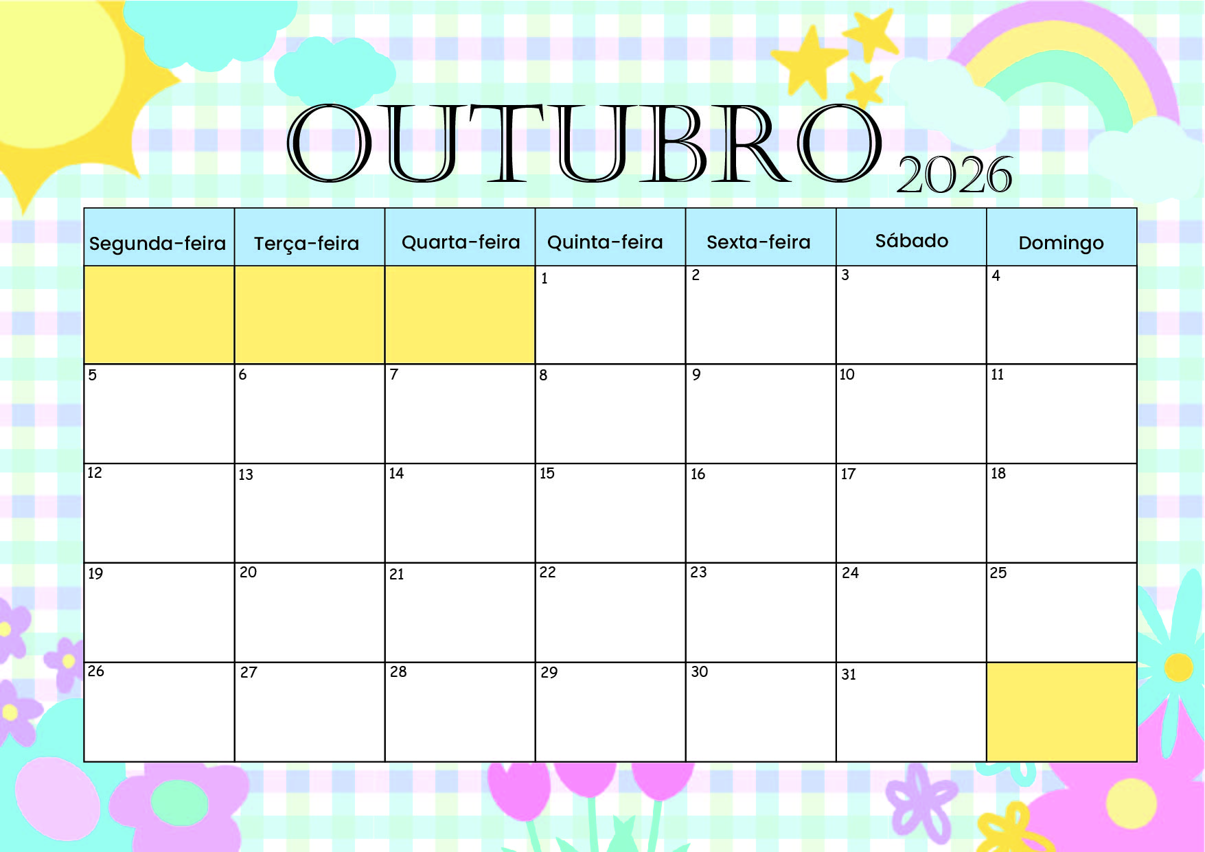 Calendário de Outubro de 2026 para imprimir em PDF