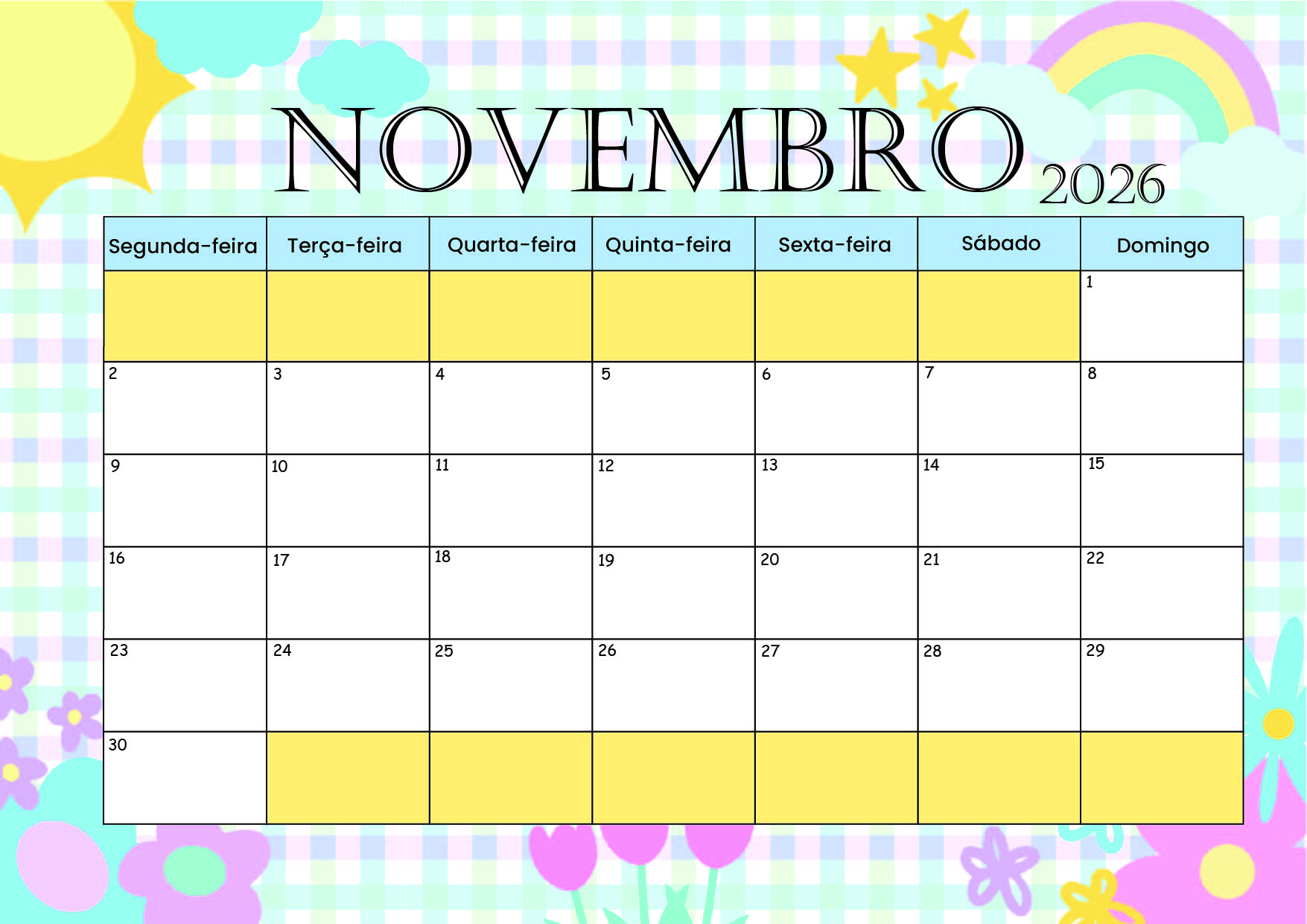 Calendário de Novembro de 2026 para imprimir em PDF