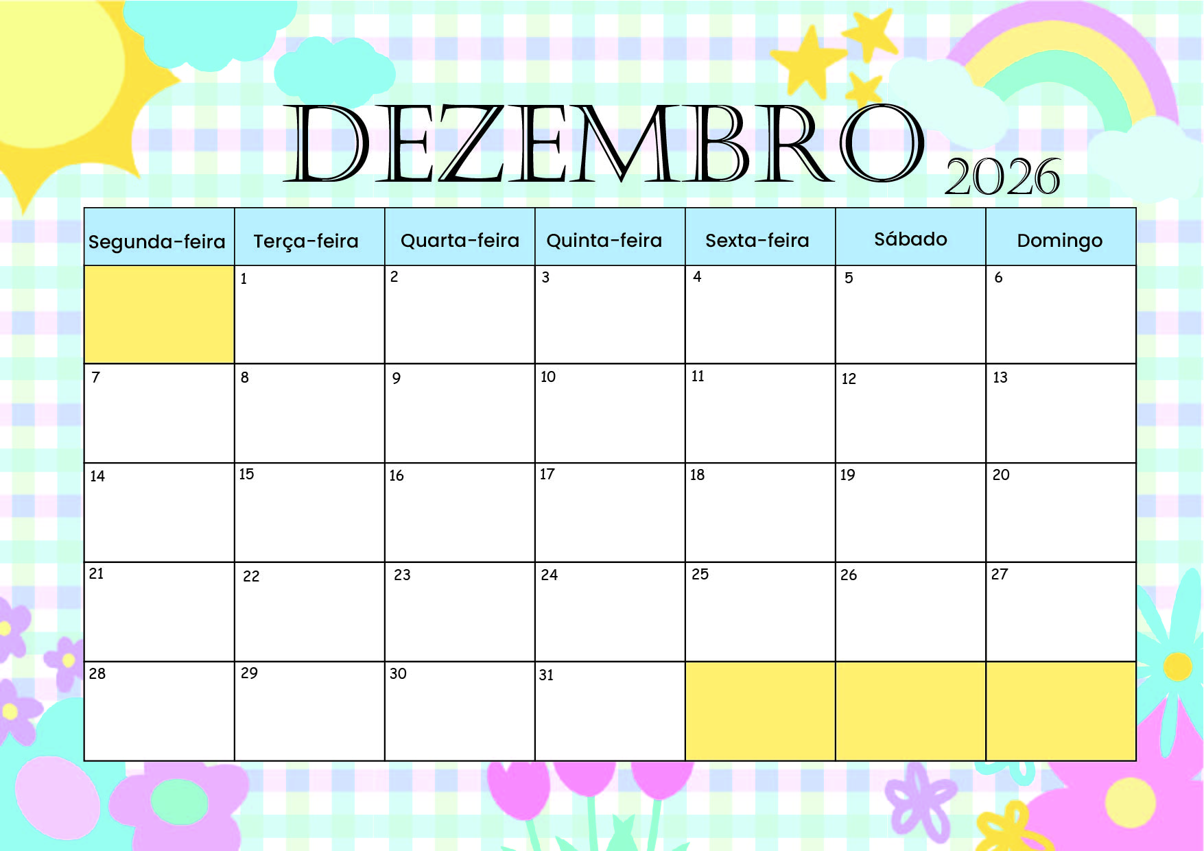 Calendário Dezembro 2026 para imprimir