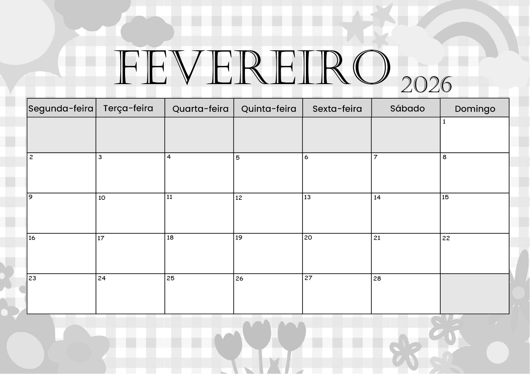 Calendário Fevereiro 2026 para imprimir